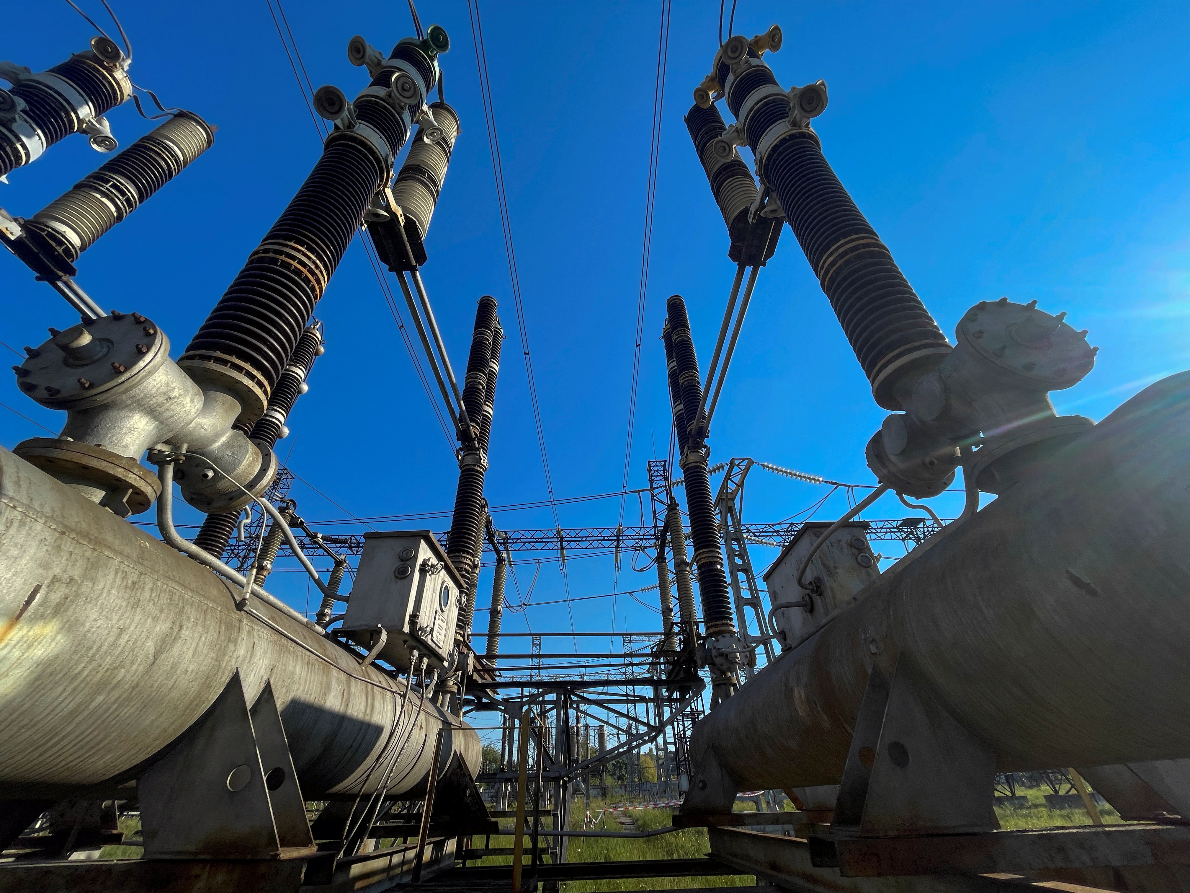 View shows power lines at a compound of a power infrastructure object in Dnipropetrovsk region