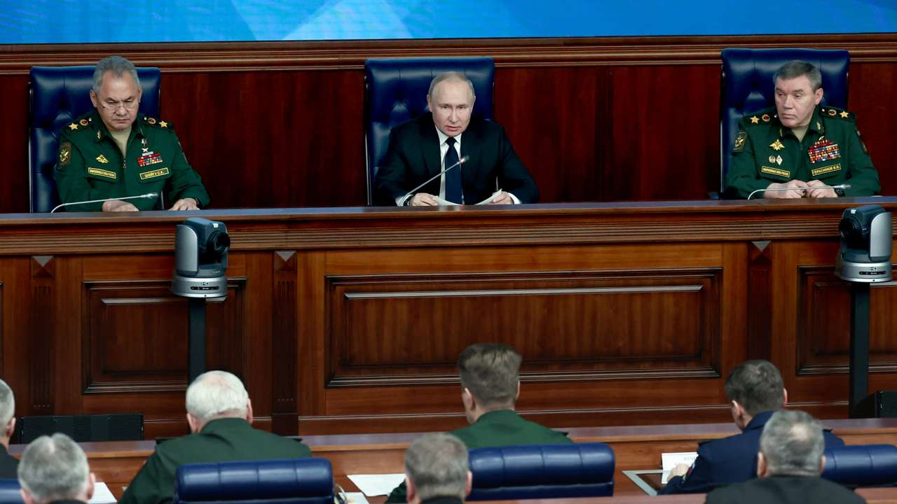Russian President Vladimir Putin attends a meeting of Defence Ministry Board in Moscow