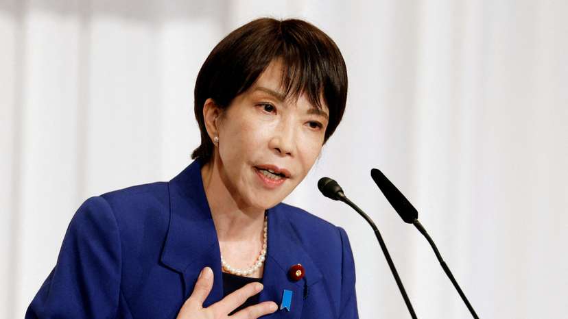 Japan's former internal affairs minister Sanae Takaichi delivers a speech