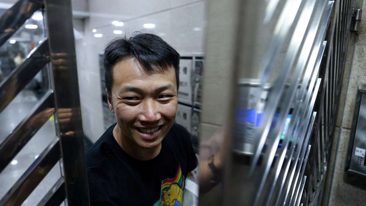 Pro-democracy and LGBT+ rights activist Jimmy Sham Tsz-kit arrives at his residence after serving a sentence for conspiracy to commit subversion, in Hong Kong