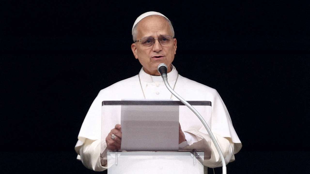FILE PHOTO: Pope Leo XIV leads the Angelus prayer at the Vatican