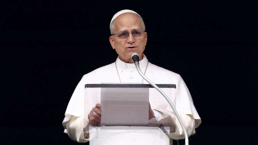 FILE PHOTO: Pope Leo XIV leads the Angelus prayer at the Vatican