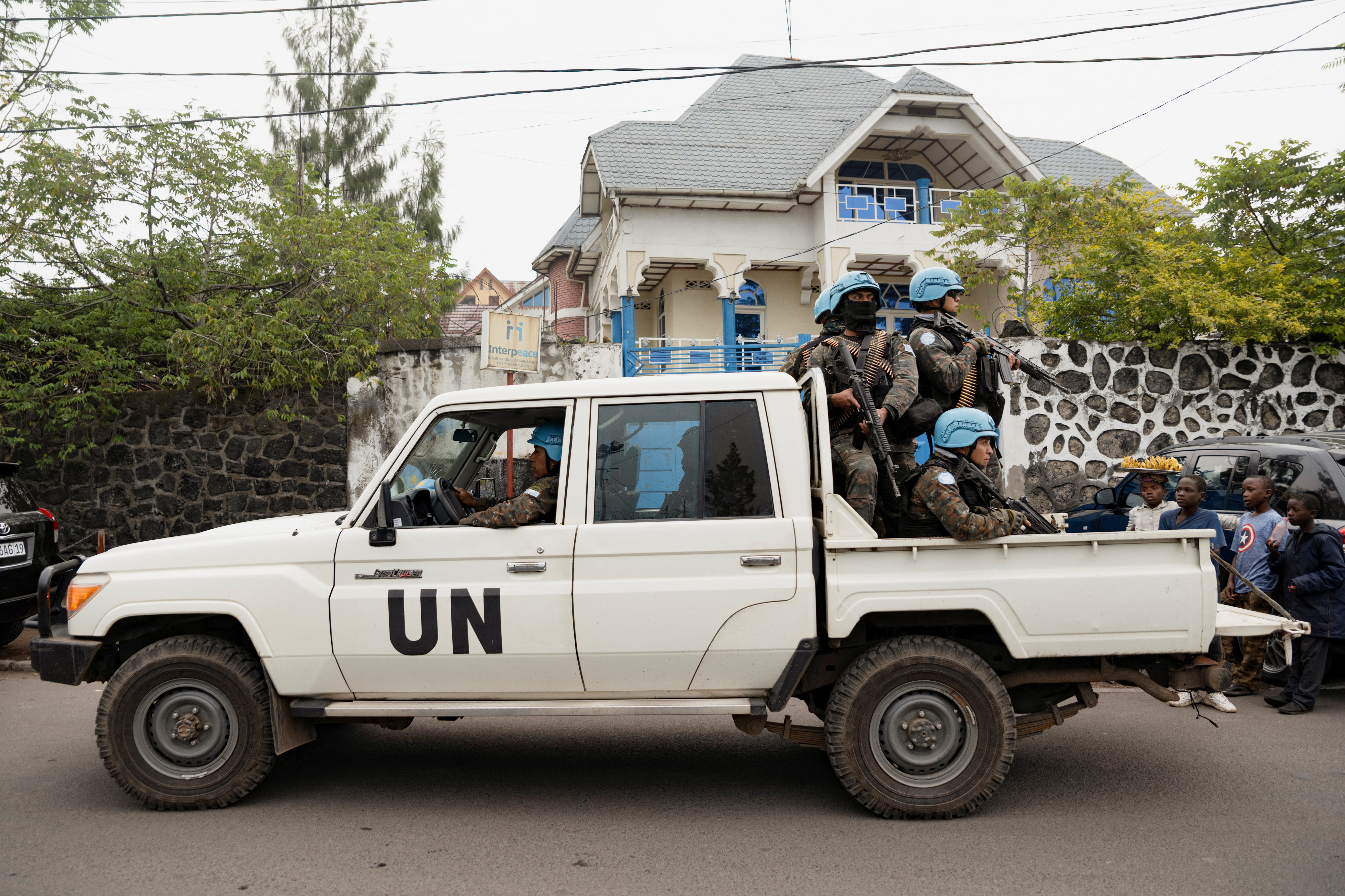 Members of MONUSCO secure the evacuation of non-essential UN staff, following the fight between M23 rebels and FARDC, in Goma