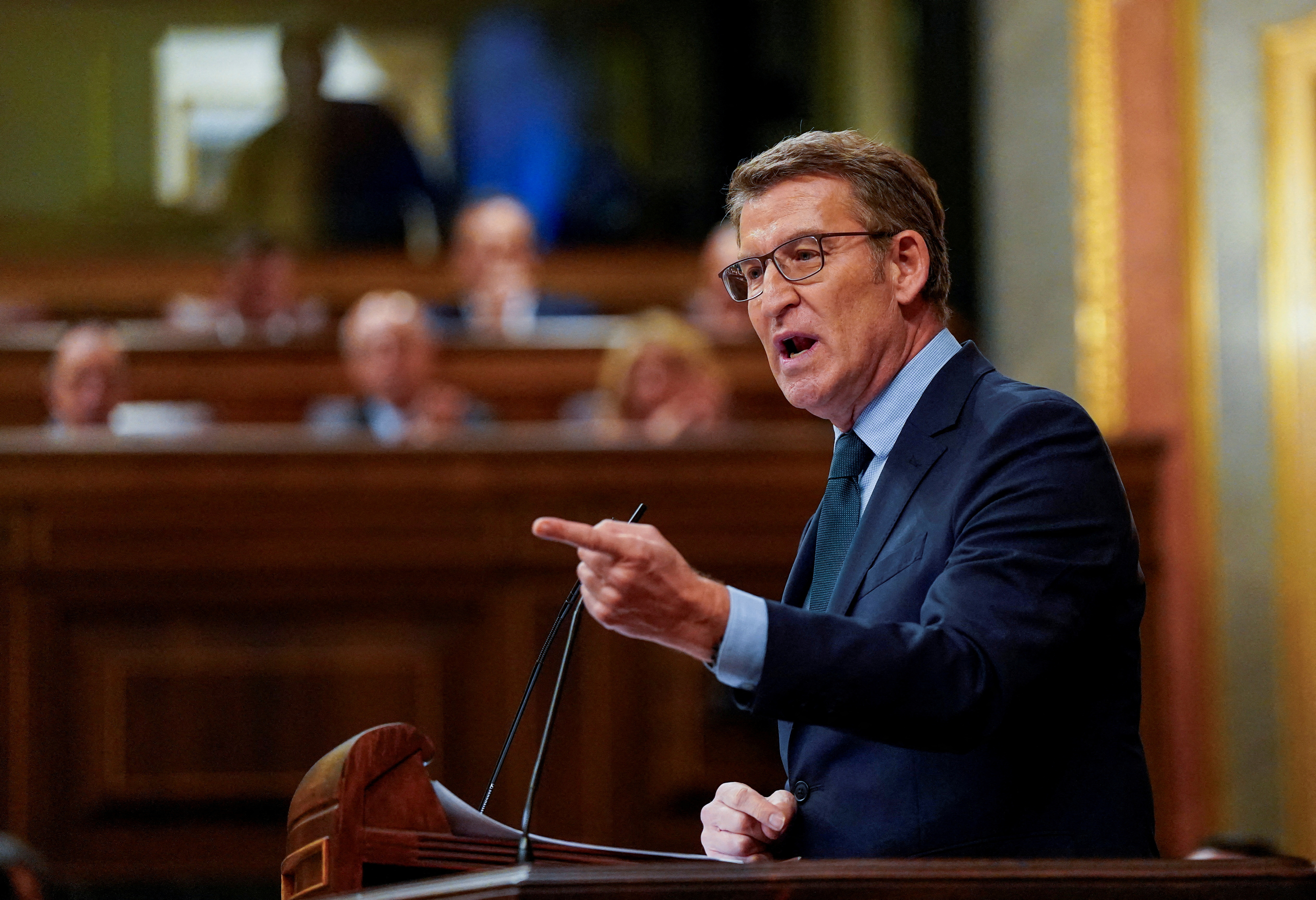 FILE PHOTO: People's Party leader Alberto Nunez Feijoo speaks during a debate on the legislative proposal to grant amnesty to those involved in Catalonia's failed independence bid in 2017
