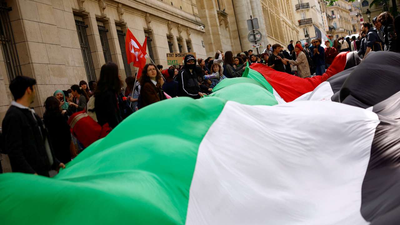 Students of the Sorbonne University gather to protest over Gaza war in Paris