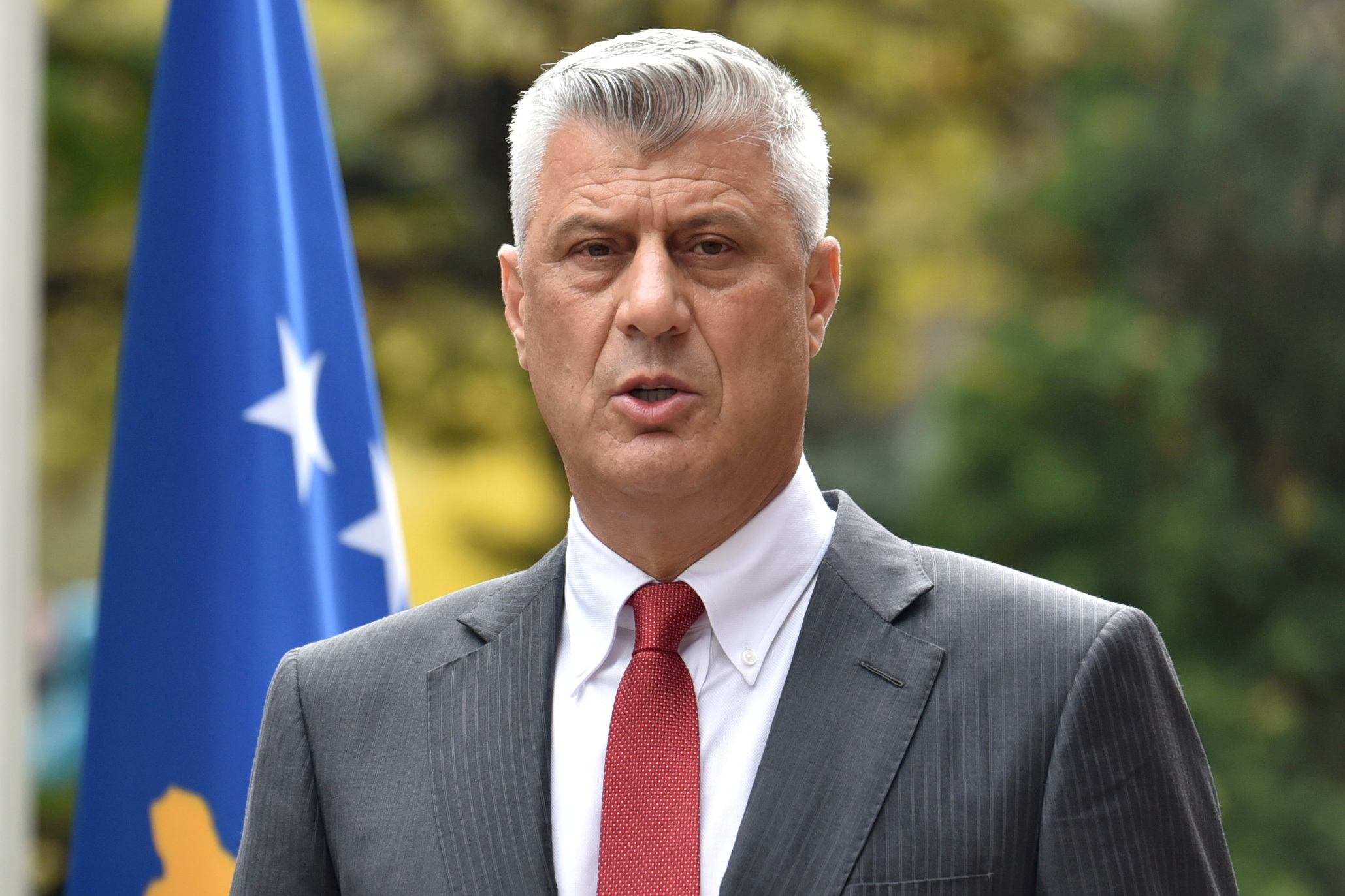 Kosovo's President Thaci is pictured during news conference as he resigns to face war crimes charges, in Pristina