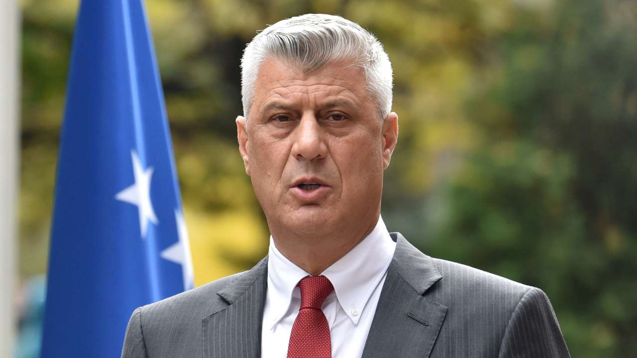 Kosovo's President Thaci is pictured during news conference as he resigns to face war crimes charges, in Pristina