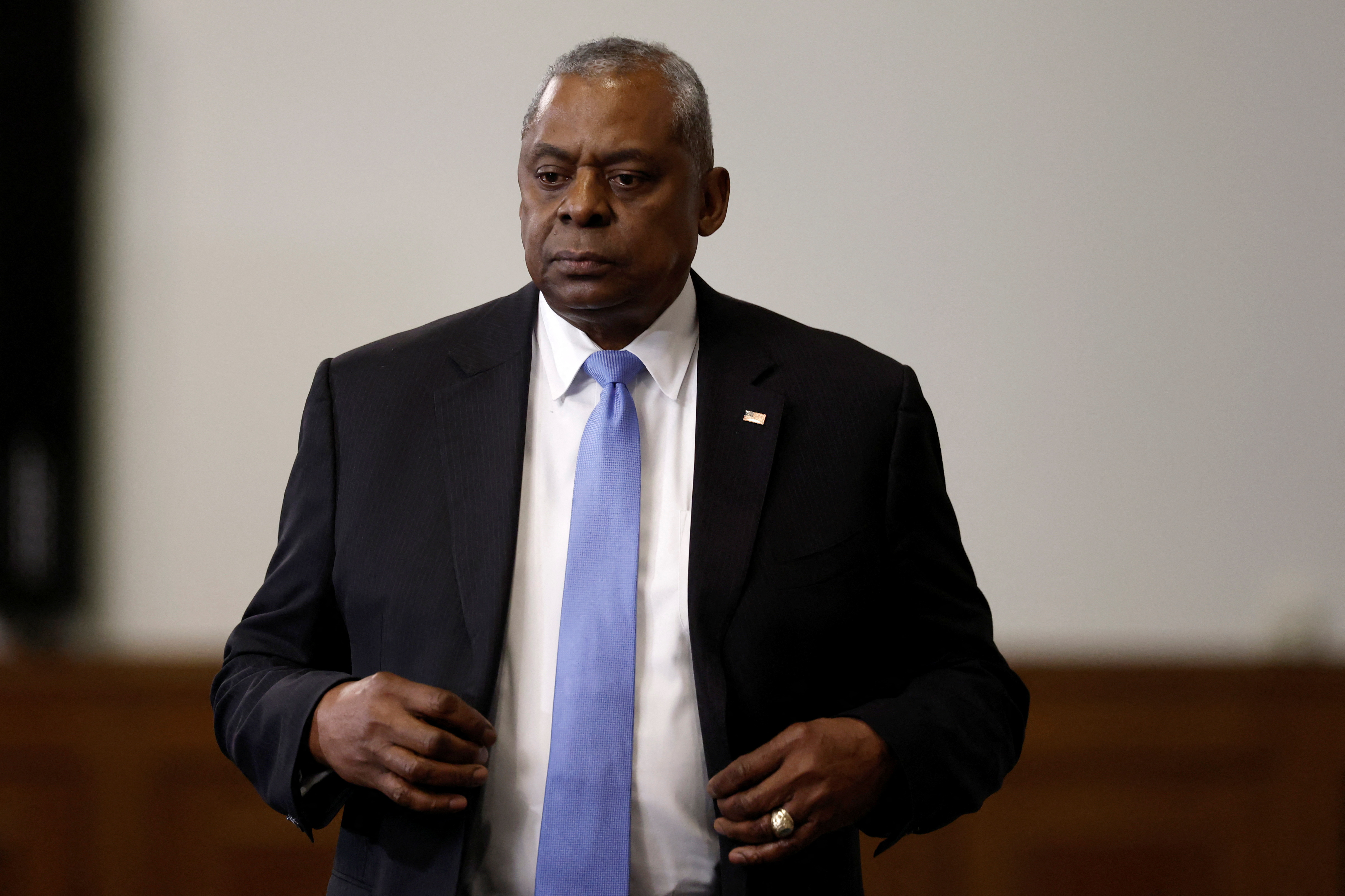 U.S. Defense Secretary Austin attends a press conference at Ramstein Air Base