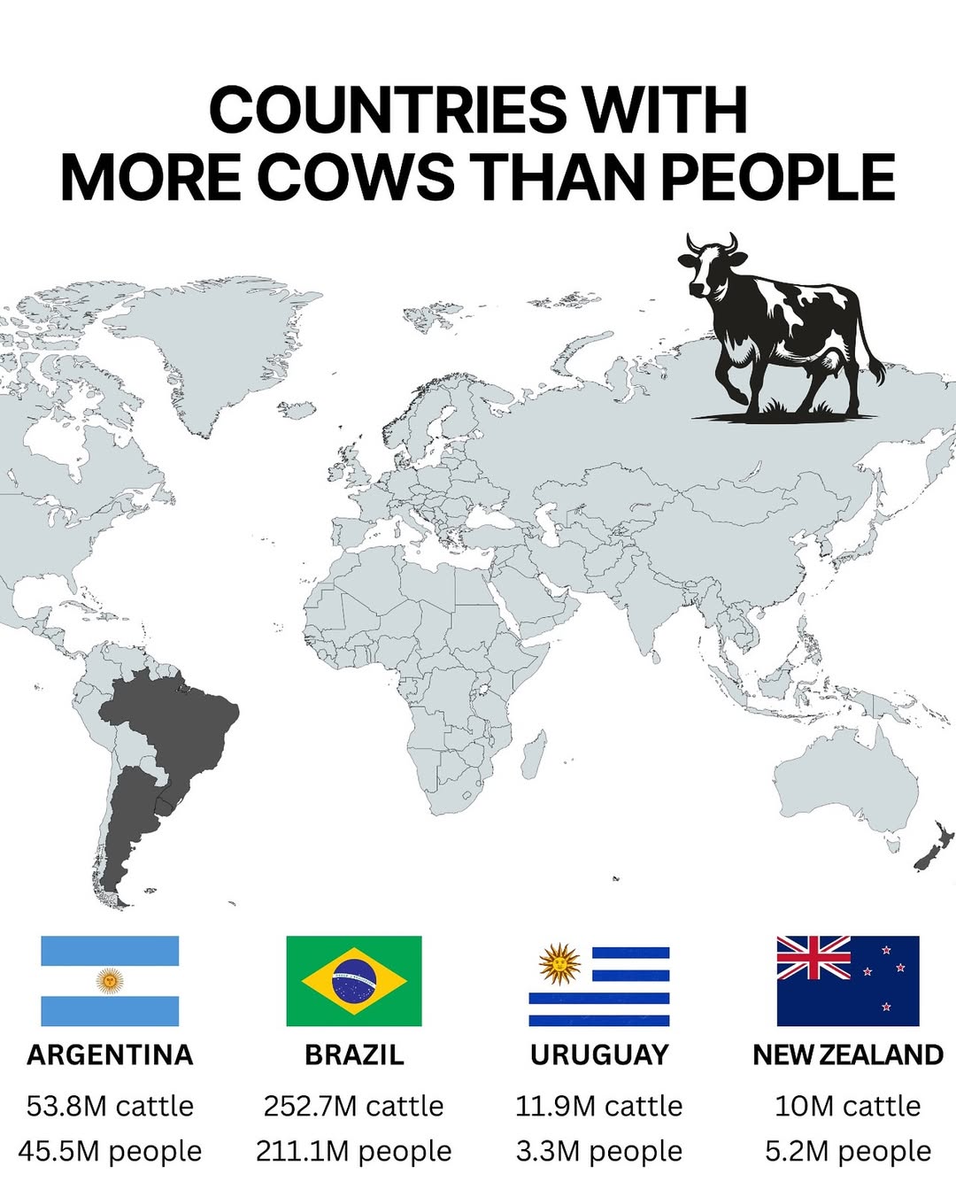 Did you know there are countries where cows outnumber people The map shows four nations where th