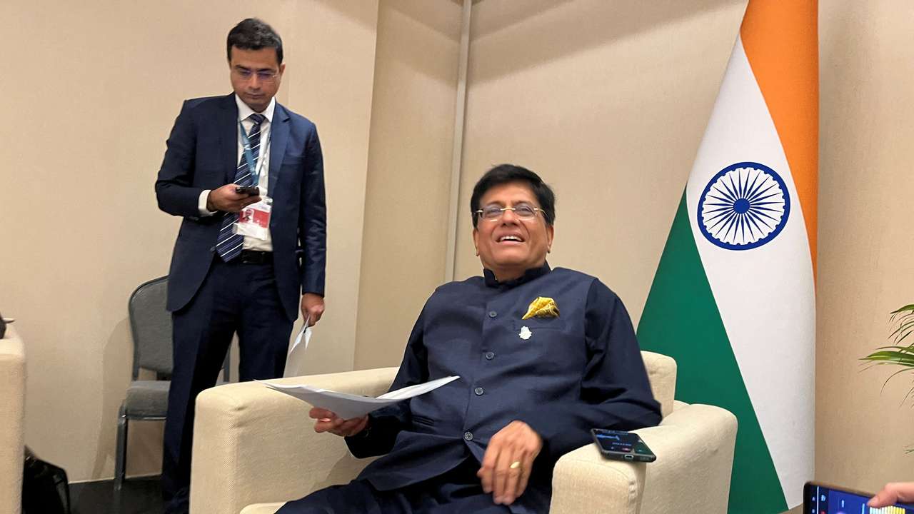 FILE PHOTO: India's trade minister Piyush Goyal prepares to brief journalists at a WTO meeting in Abu Dhabi