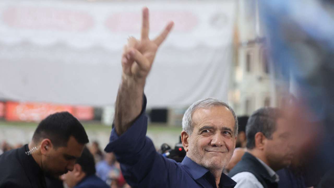 Iran's President-elect Masoud Pezeshkian gestures during a gathering with his supporters at the shrine of Iran's late leader Ayatollah Ruhollah Khomeini, in south of Tehran