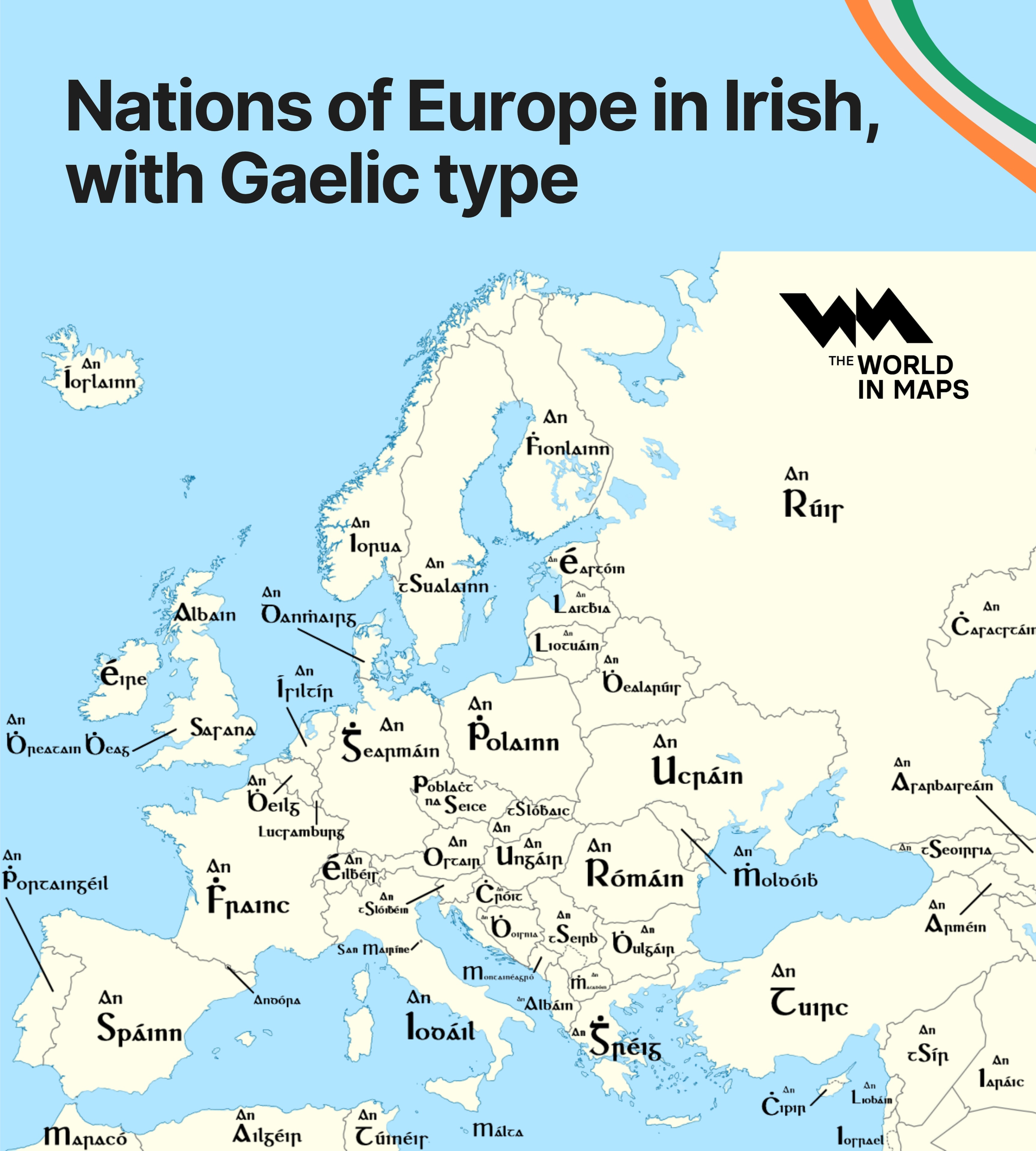 What Europe’s countries are called in Irish, from An Fhrainc to An Ghearmáin