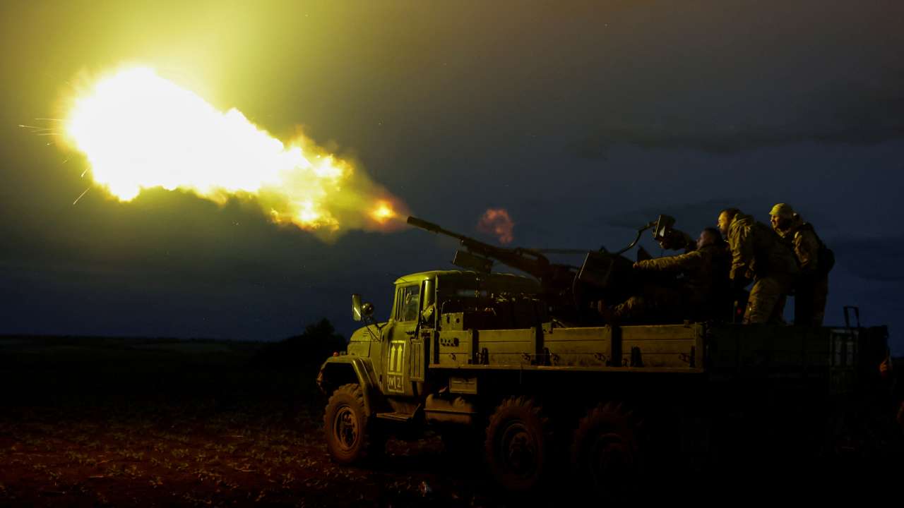 FILE PHOTO: Ukrainian servicemen from mobile air defence unit fire an anti-aircraft cannon towards a Russian drone in Kharkiv region