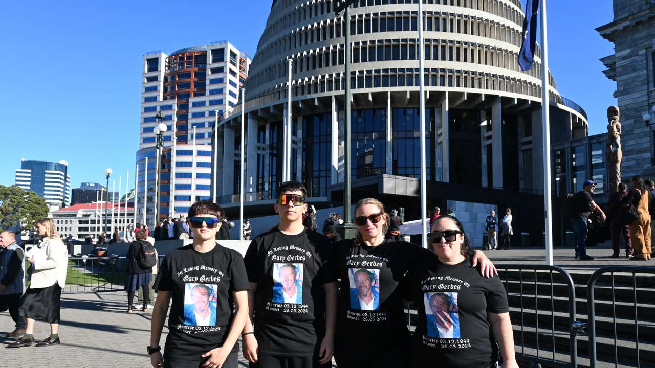 Family members of Gary Gerbes gather ahead of the release of the Royal Commission into Abuse in Care in Wellington