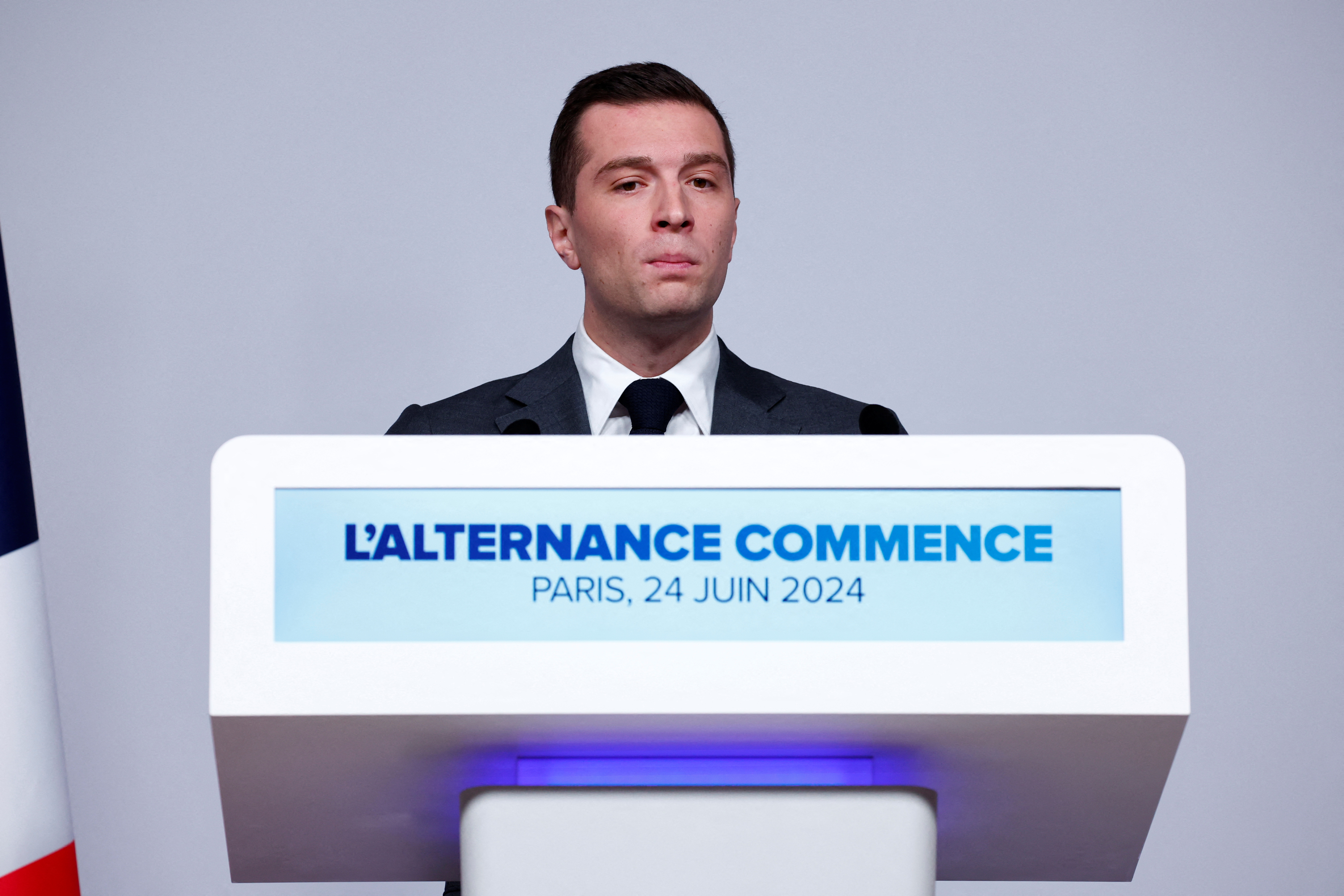 President of the French far-right RN party Bardella attends a press conference for early legislative elections