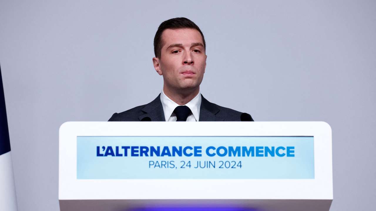 President of the French far-right RN party Bardella attends a press conference for early legislative elections