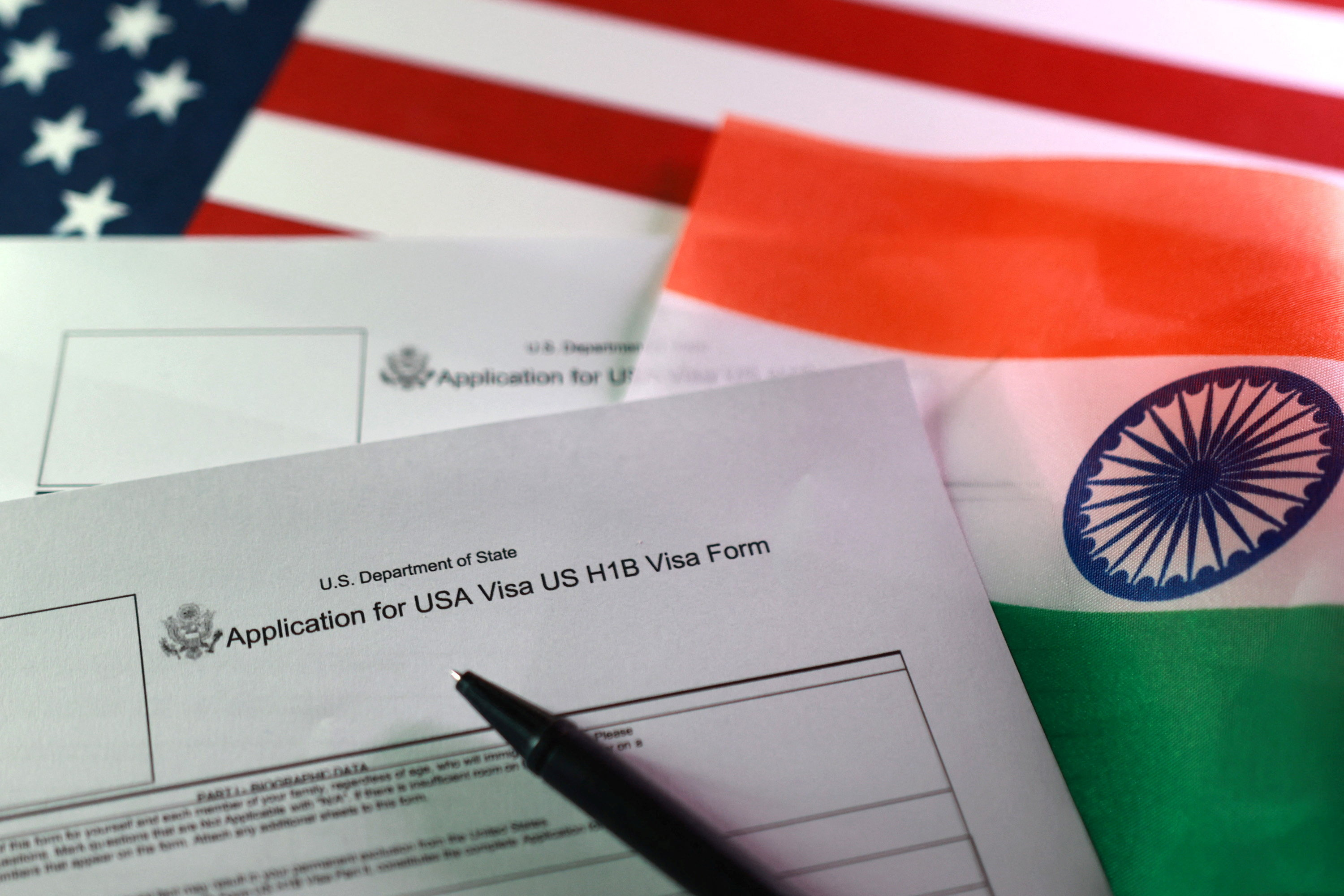 Illustration shows U.S. and Indian flags, U.S. H-1B Visa application forms