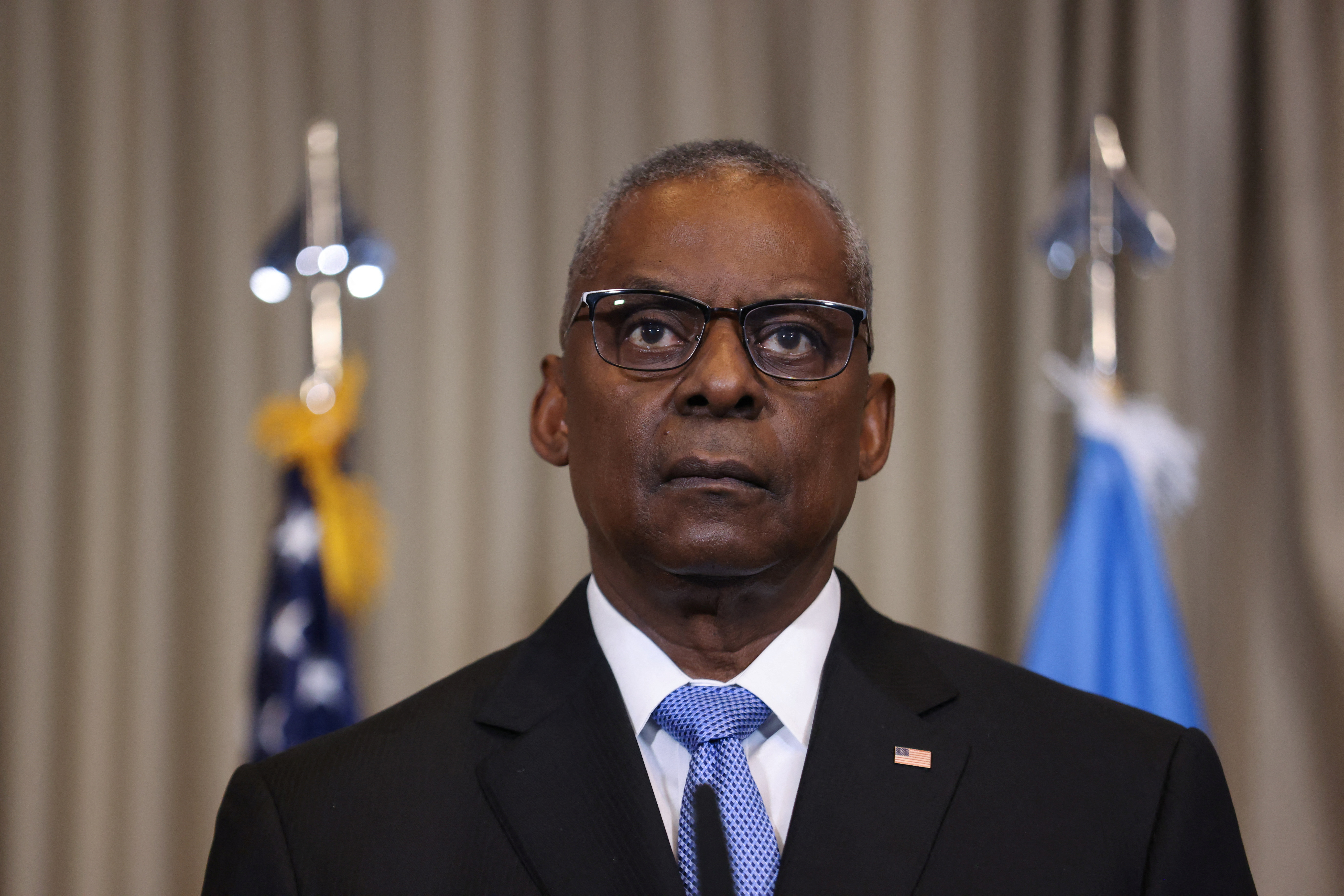 U.S. General Charles Q. Brown Junior and U.S. Secretary of Defense Lloyd Austin address the media at Ramstein