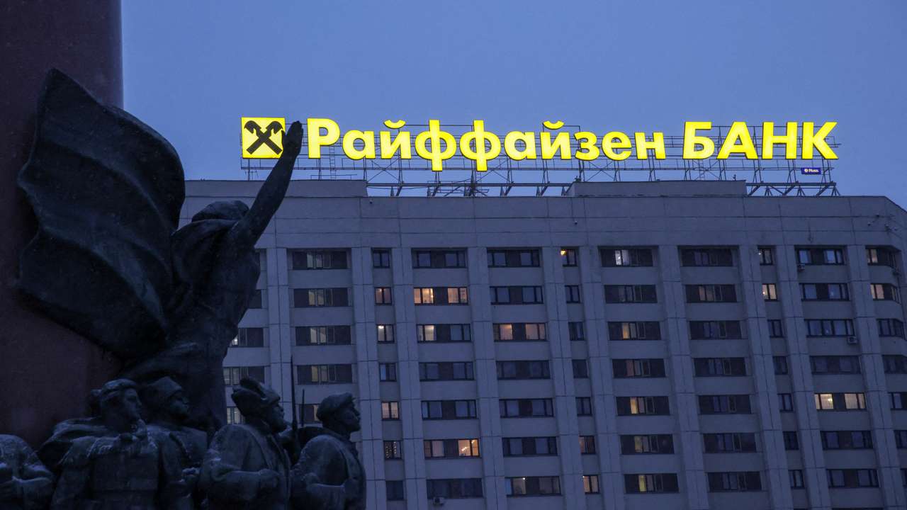 FILE PHOTO: A view shows a signboard advertising Raiffeisen Bank in Moscow