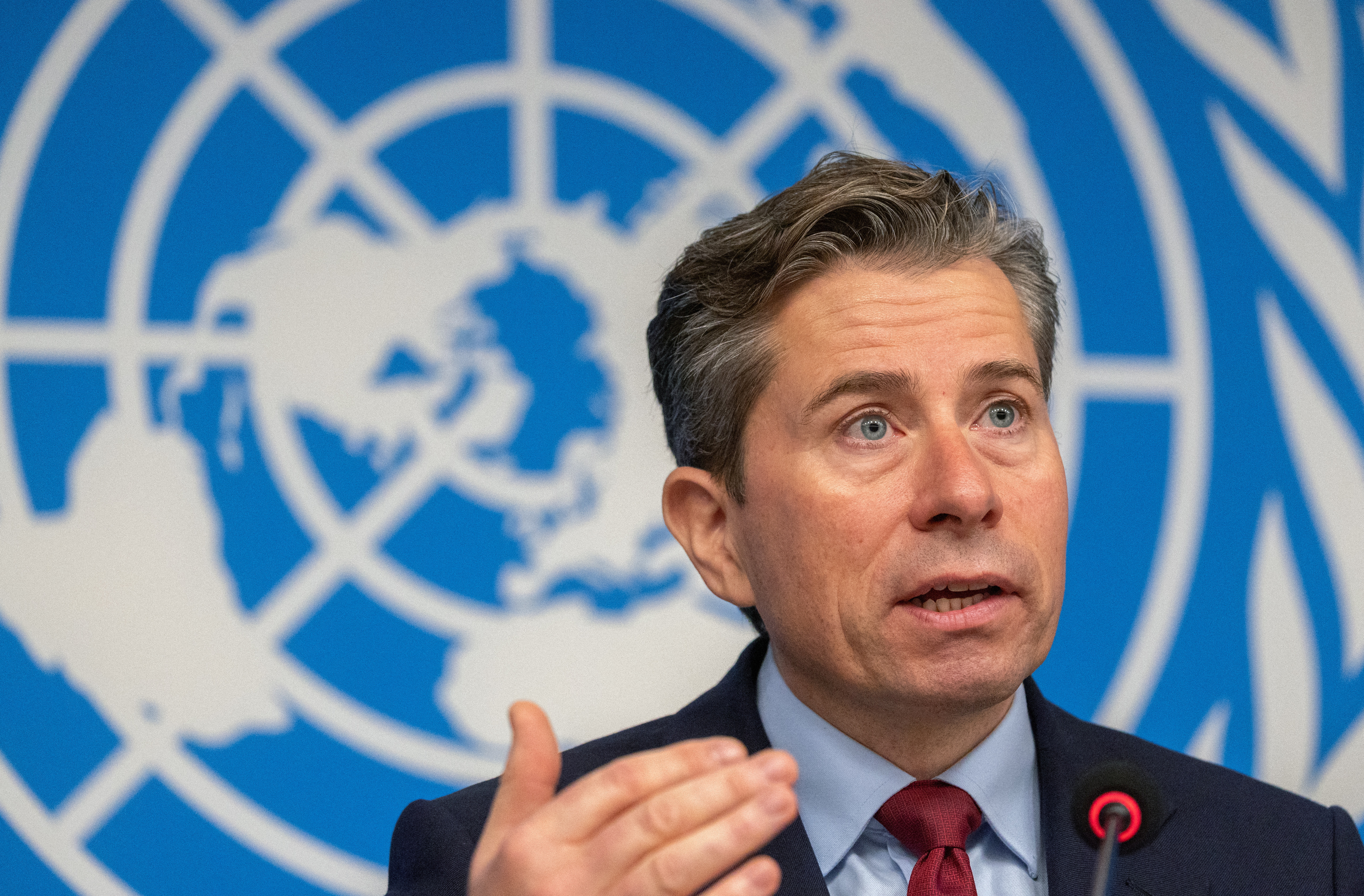 Tom Fletcher, United Nations Under-Secretary-General for Humanitarian Affairs and Emergency Relief Coordinator (OCHA) attends a press conference in Genev