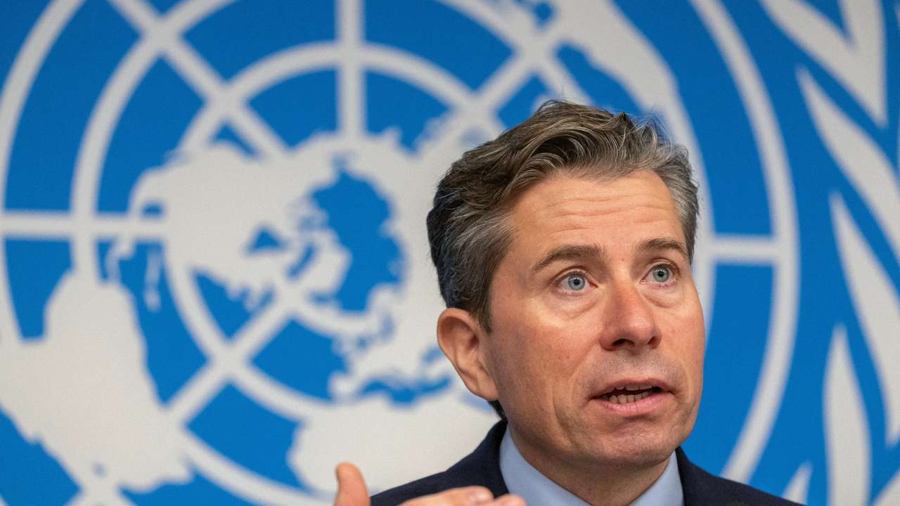 Tom Fletcher, United Nations Under-Secretary-General for Humanitarian Affairs and Emergency Relief Coordinator (OCHA) attends a press conference in Genev