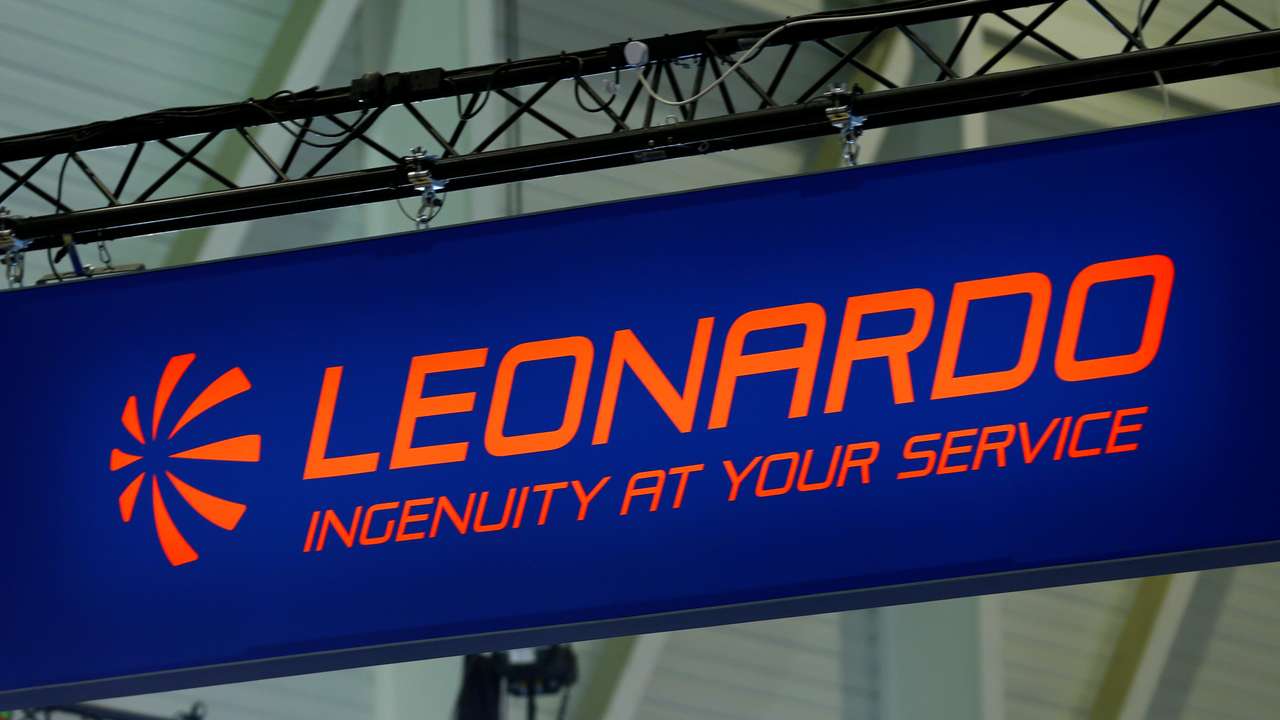 A logo of helicopter maker Leonardo is pictured on their booth during EBACE in Geneva