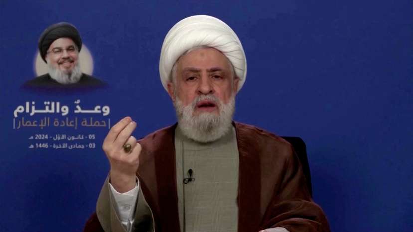 FILE PHOTO: Lebanon's Hezbollah leader Sheikh Naim Qassem delivers an address from an unknown location