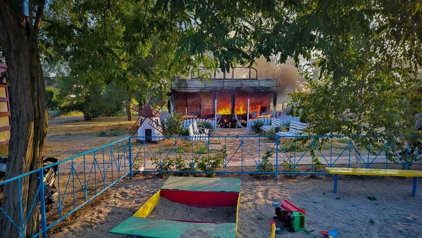 A view shows a children's cafe hit by a Russian military strike in the village of Malokaterynivka