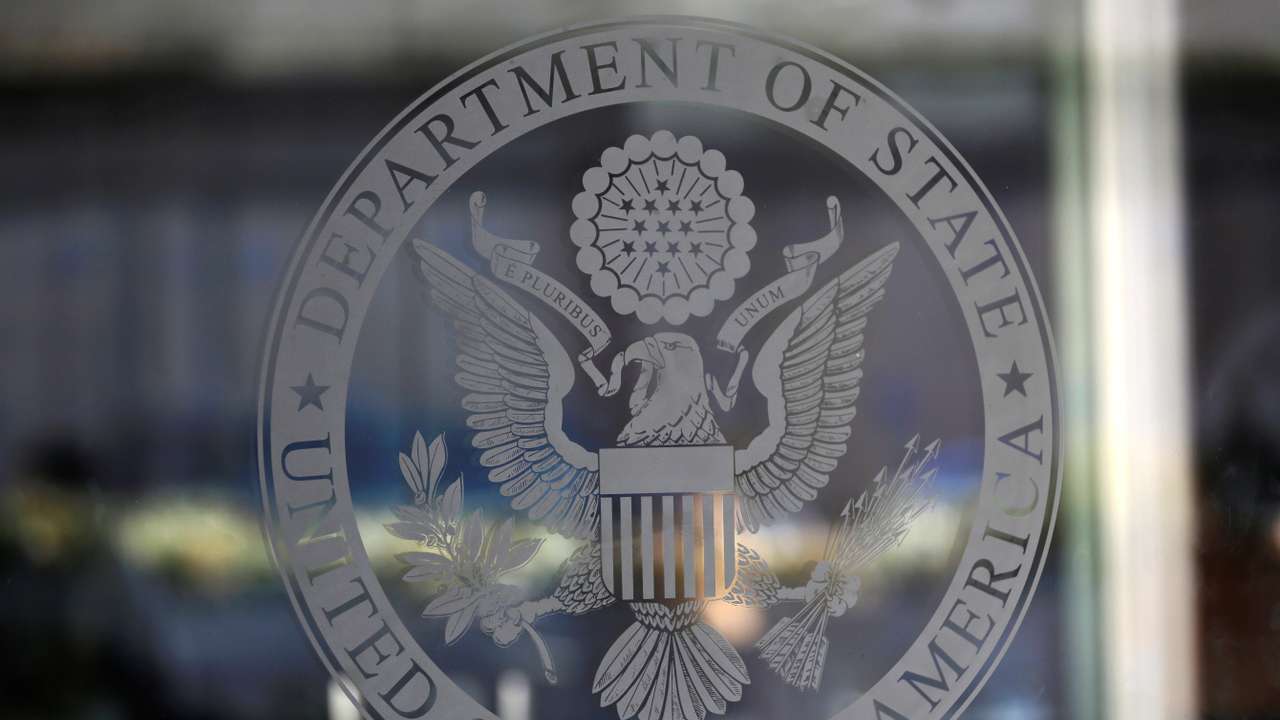 The seal of the United States Department of State is seen in Washington