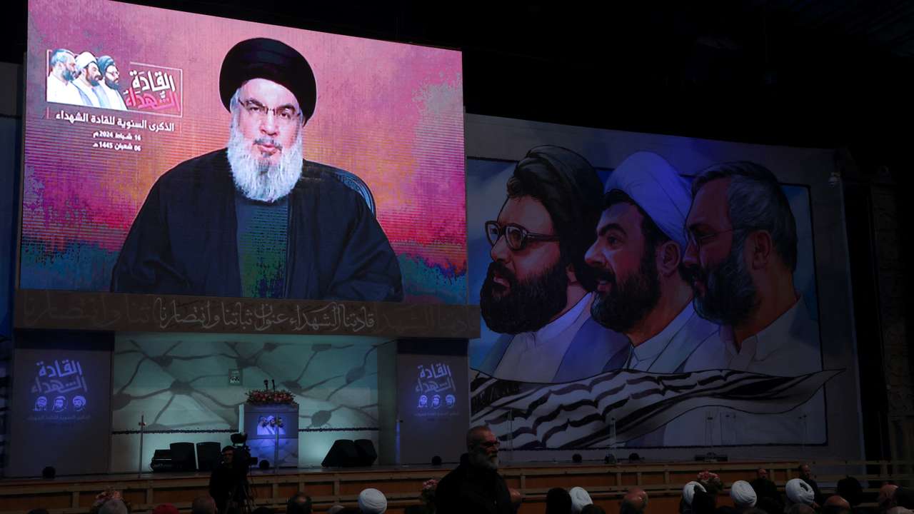 Lebanon's Hezbollah leader Sayyed Hassan Nasrallah gives a televised address during a rally in Beirut's southern suburbs