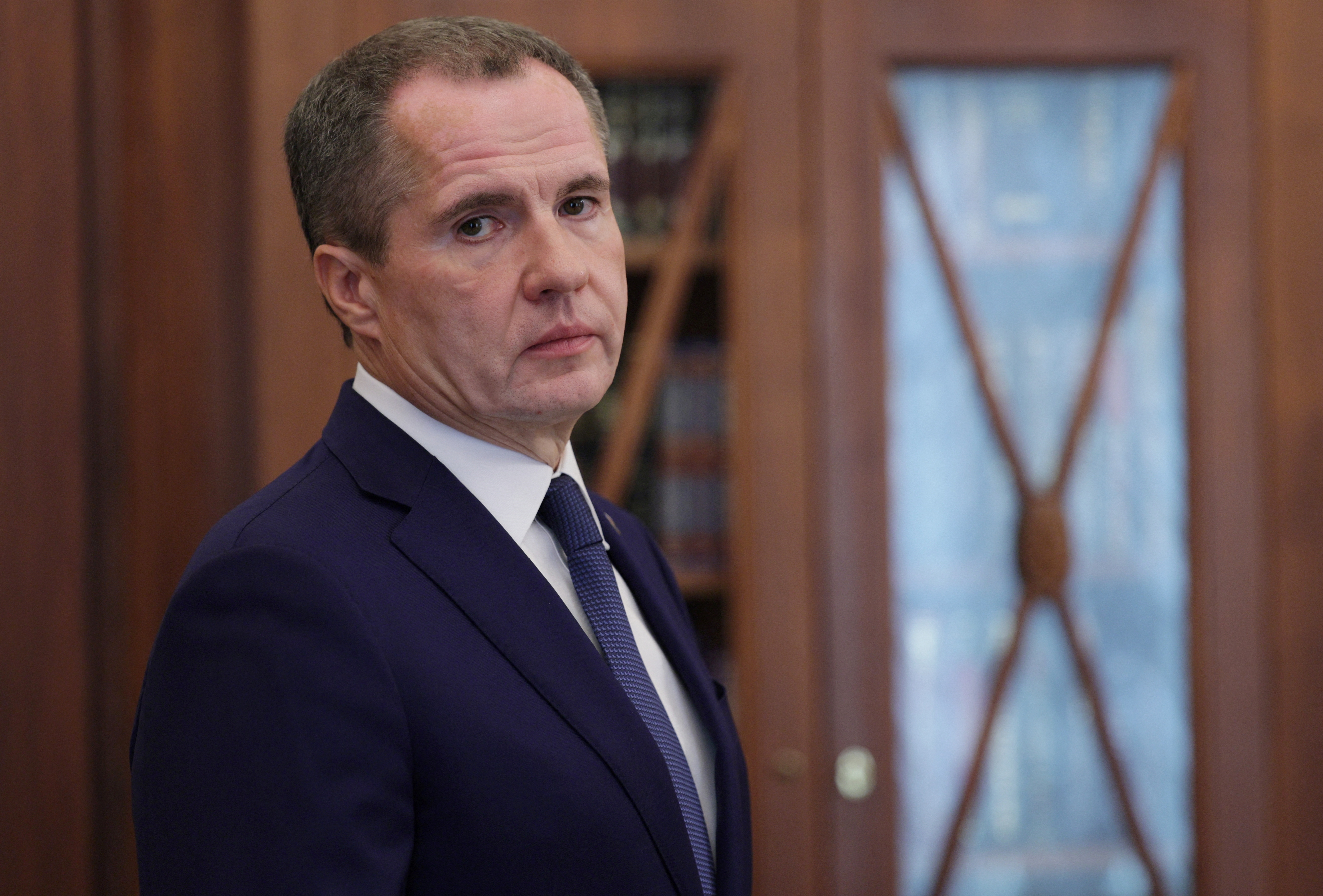 Belgorod region governor Gladkov looks on before a meeting with Russian President Putin in Moscow