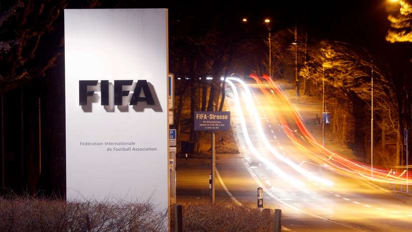 A long exposure shows FIFA's logo near its headquarters in Zurich