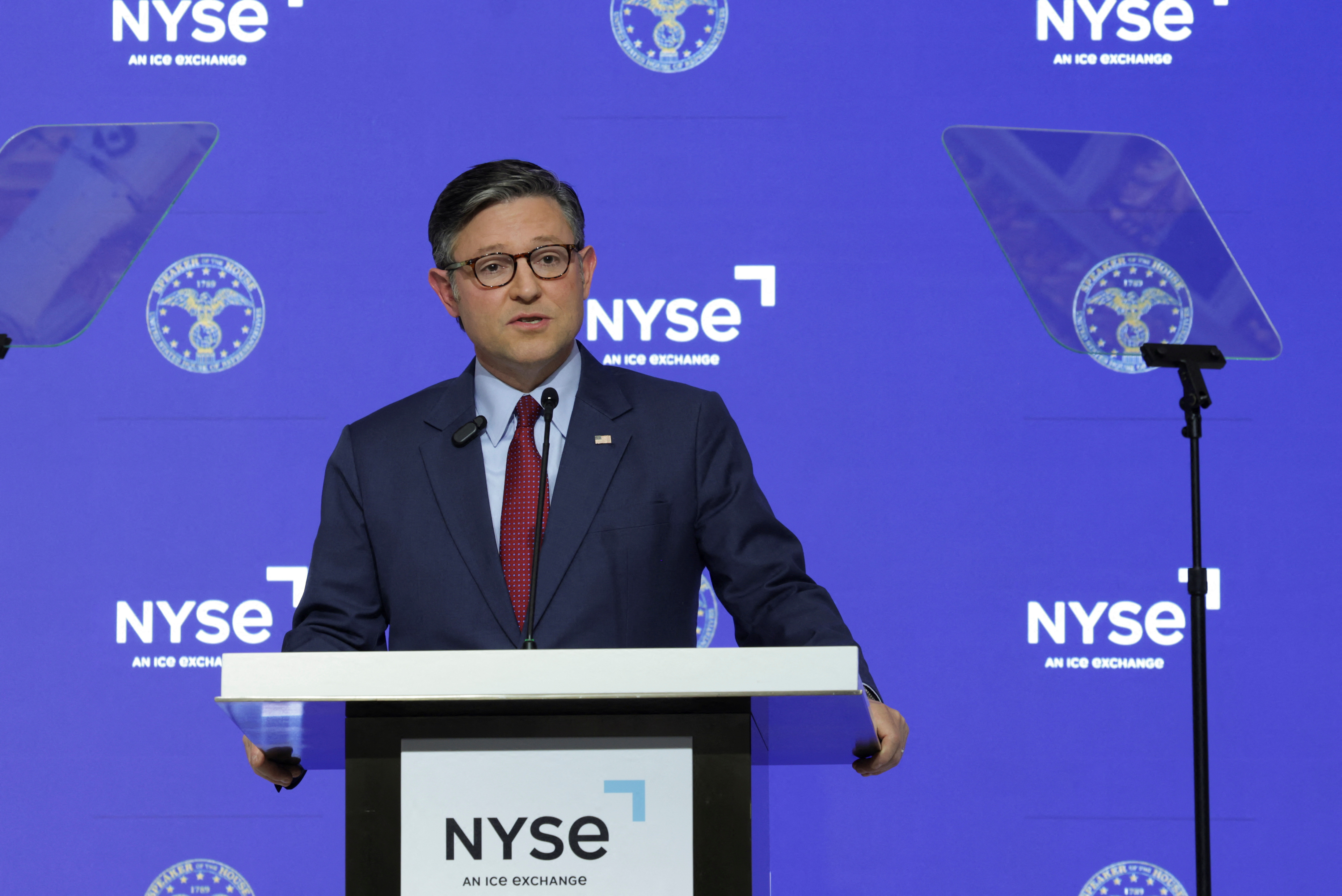 Mike Johnson, Speaker of the House, visits the New York Stock Exchange to deliver an economic address in New York