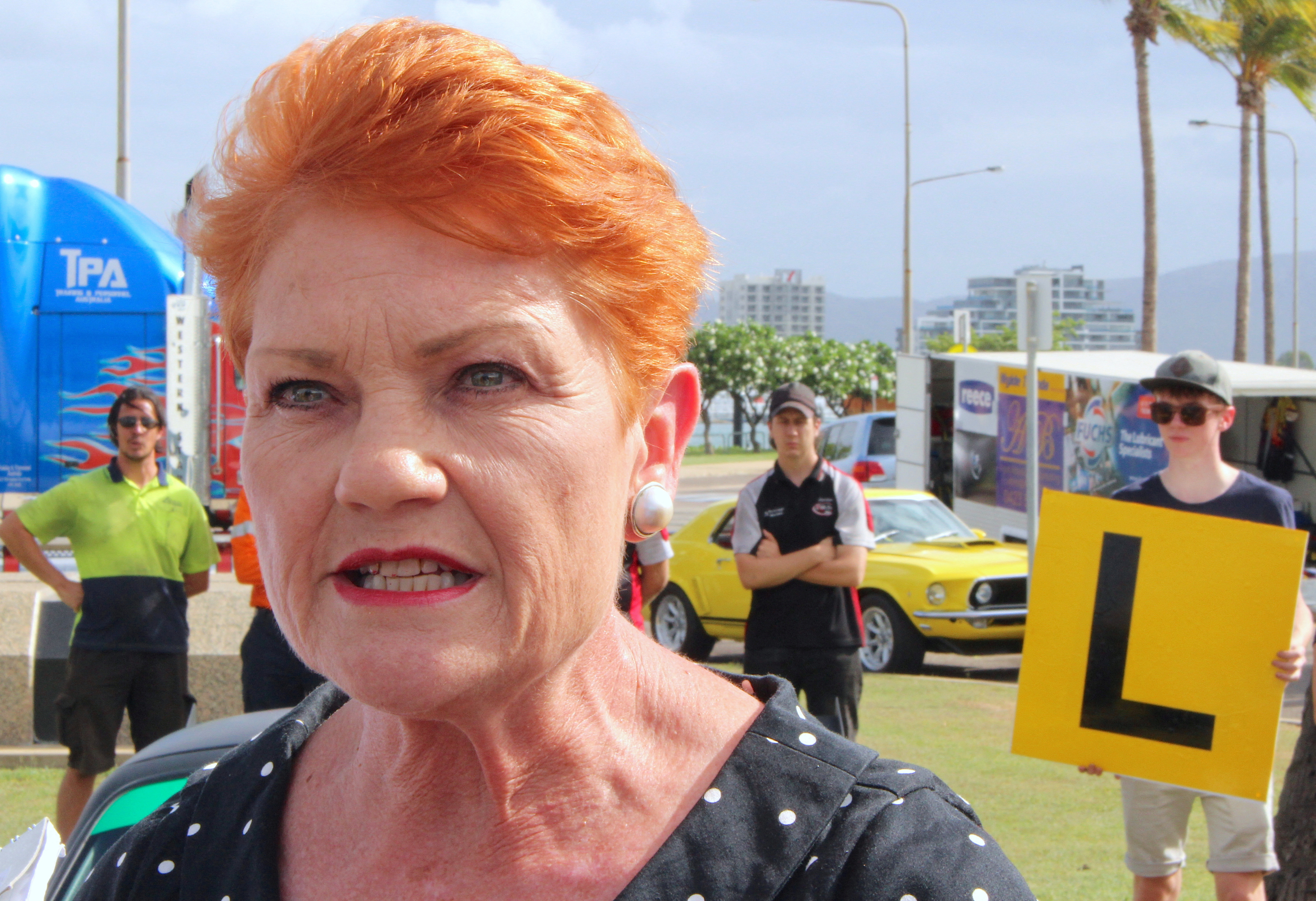 FILE PHOTO: Australian senator Pauline Hanson talks with members of the media at a driving safety event in the northern Australian town of Townsville in Queensland