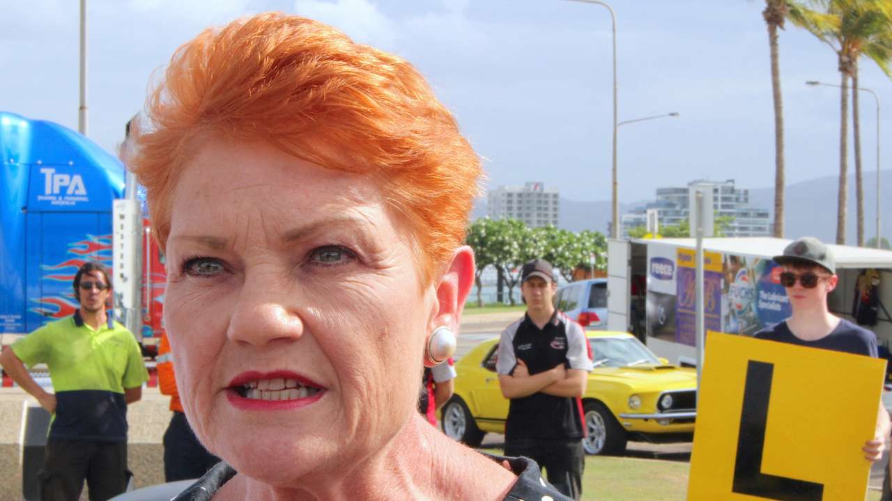 FILE PHOTO: Australian senator Pauline Hanson talks with members of the media at a driving safety event in the northern Australian town of Townsville in Queensland