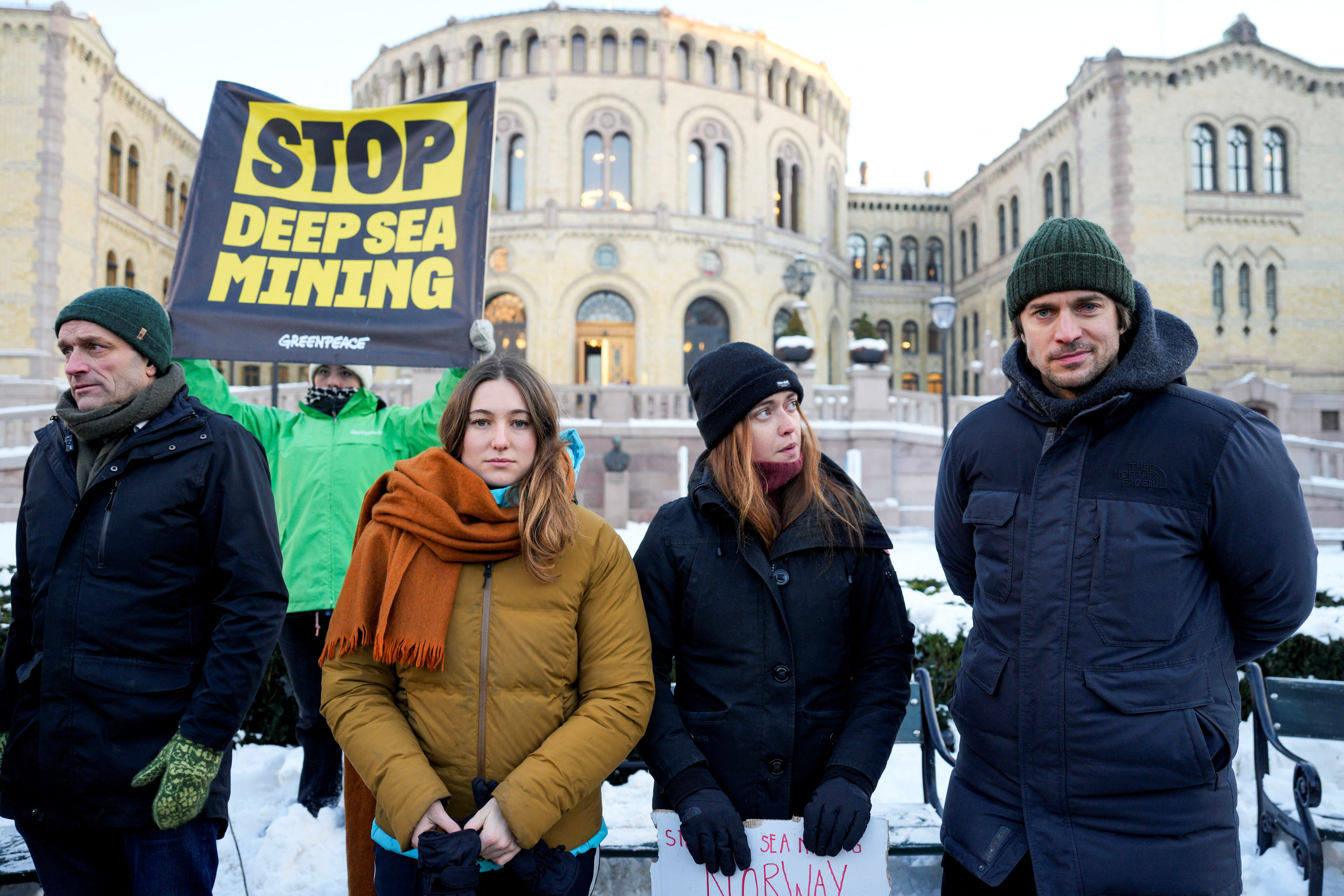 Demonstration against seabed mining outside the Norwegian Parliament building in Oslo