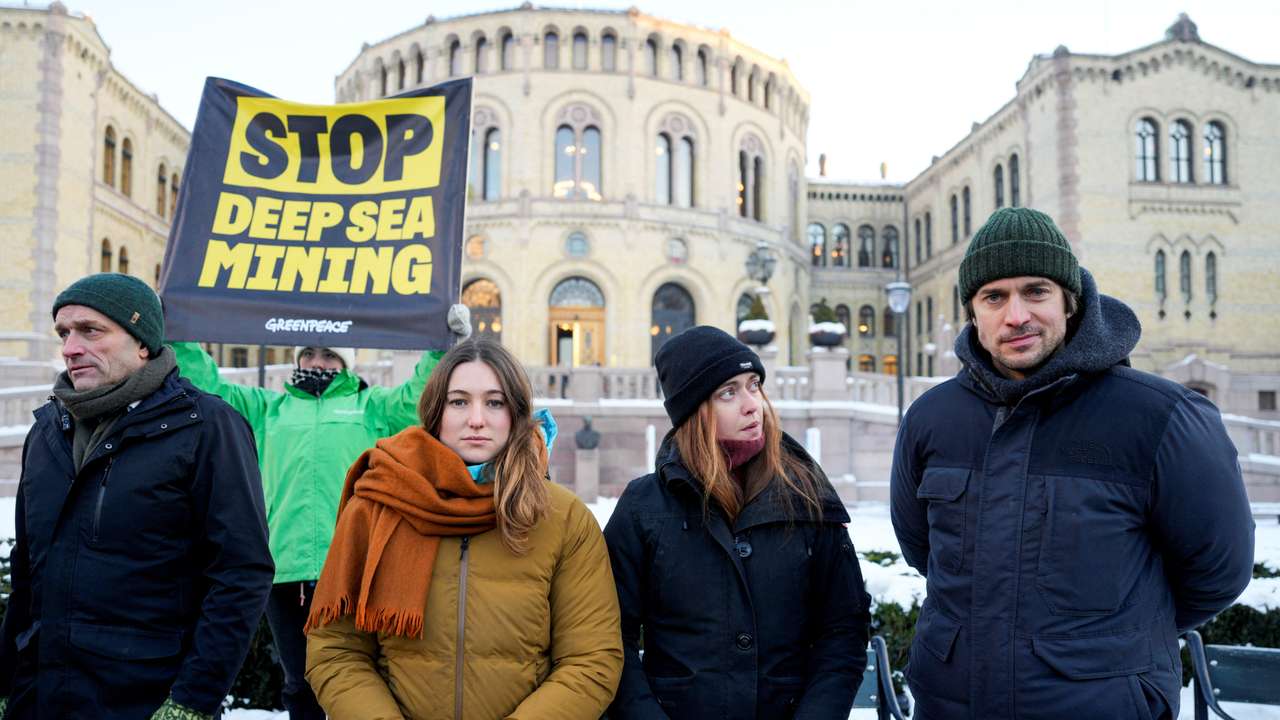 Demonstration against seabed mining outside the Norwegian Parliament building in Oslo