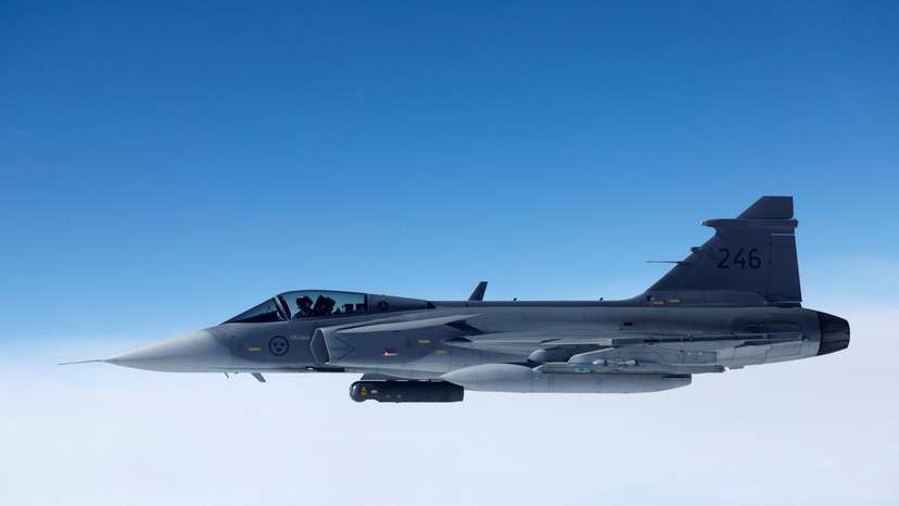 A Swedish Air Force Saab JAS 39 Gripen fighter jet flies during a media day