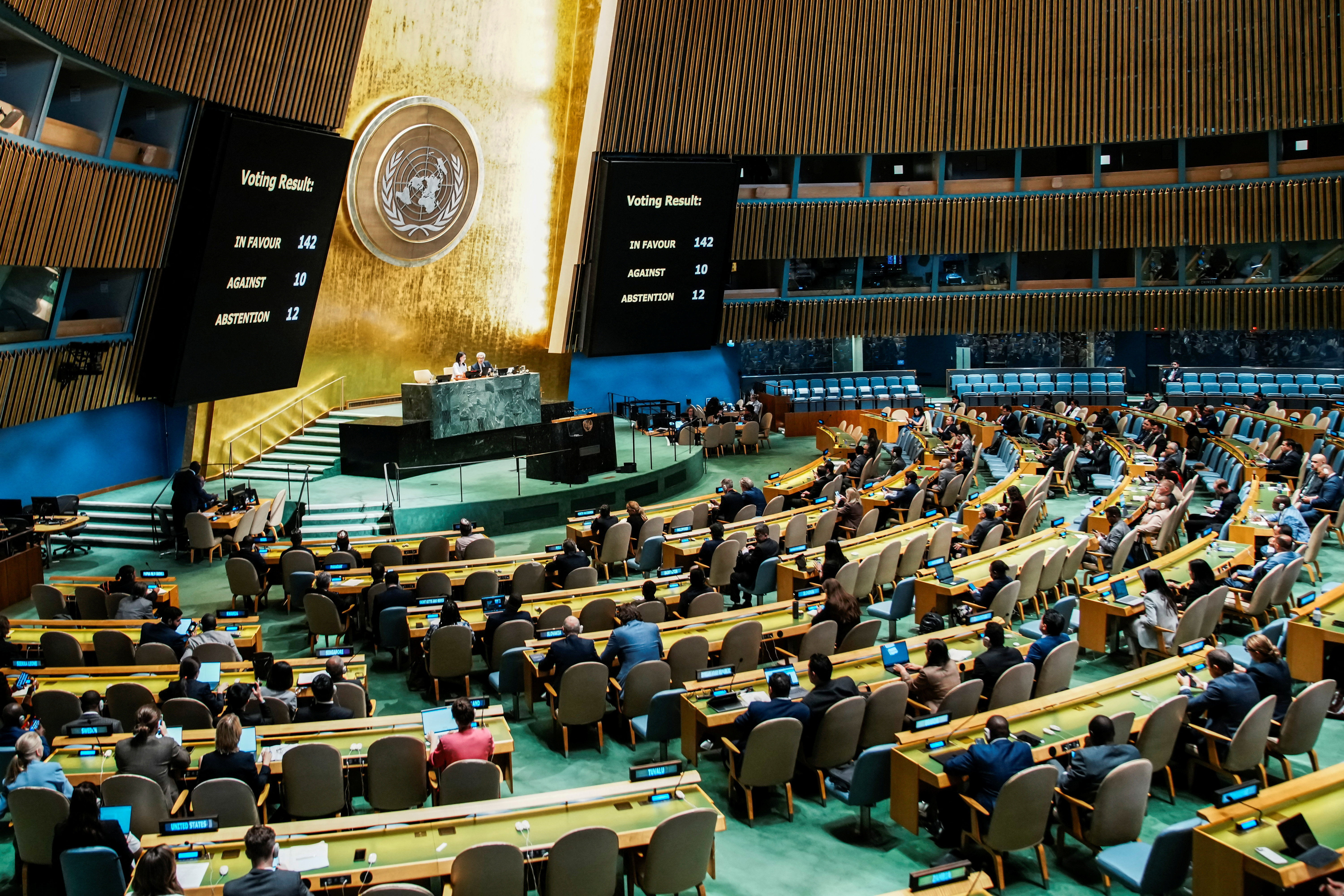 U.N. General Assembly votes on resolution endorsing declaration on two-state solutionat at U.N. headquarters in New York