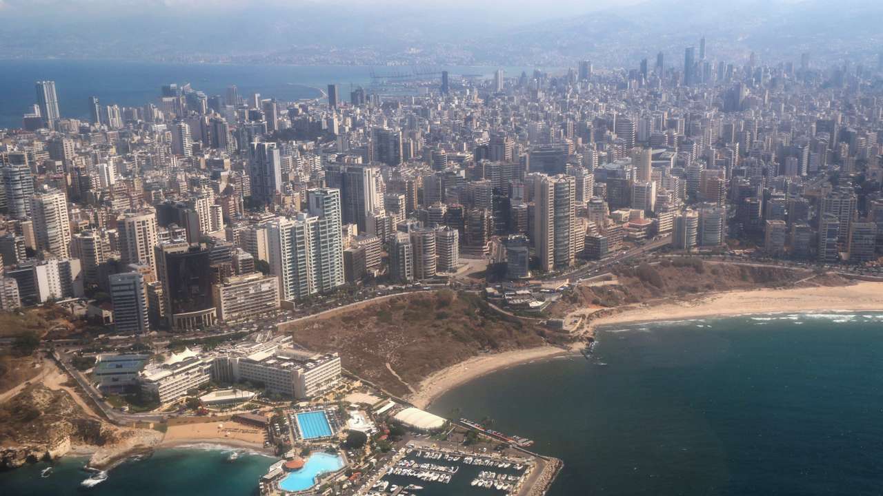 An aerial view from an airplane window shows the Lebanese capital Beirut