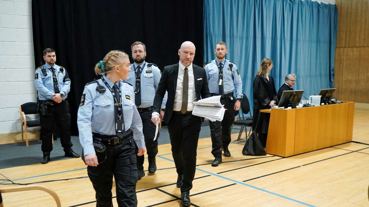 Anders Behring Breivik attends a court hearing at Ringerike prison, in Tyristrand