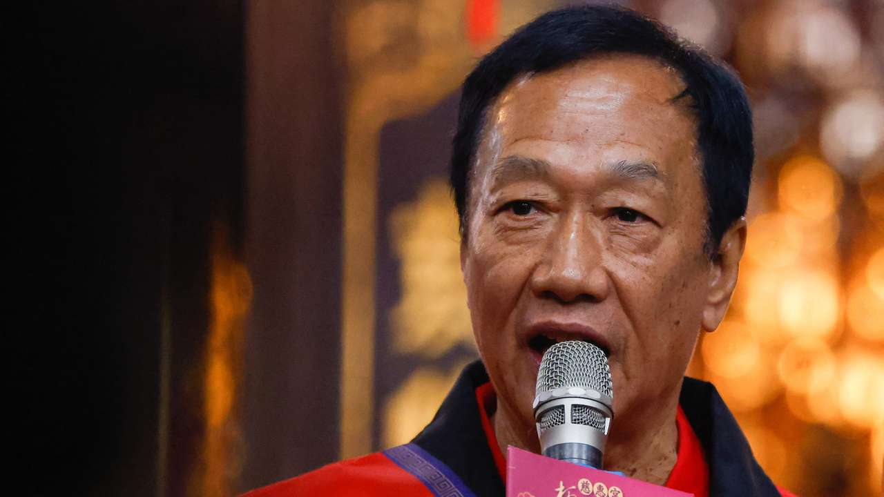 Terry Gou, the founder of Taiwan's Foxconn, makes a speech at Banqiao Cihui Temple in New Taipei City