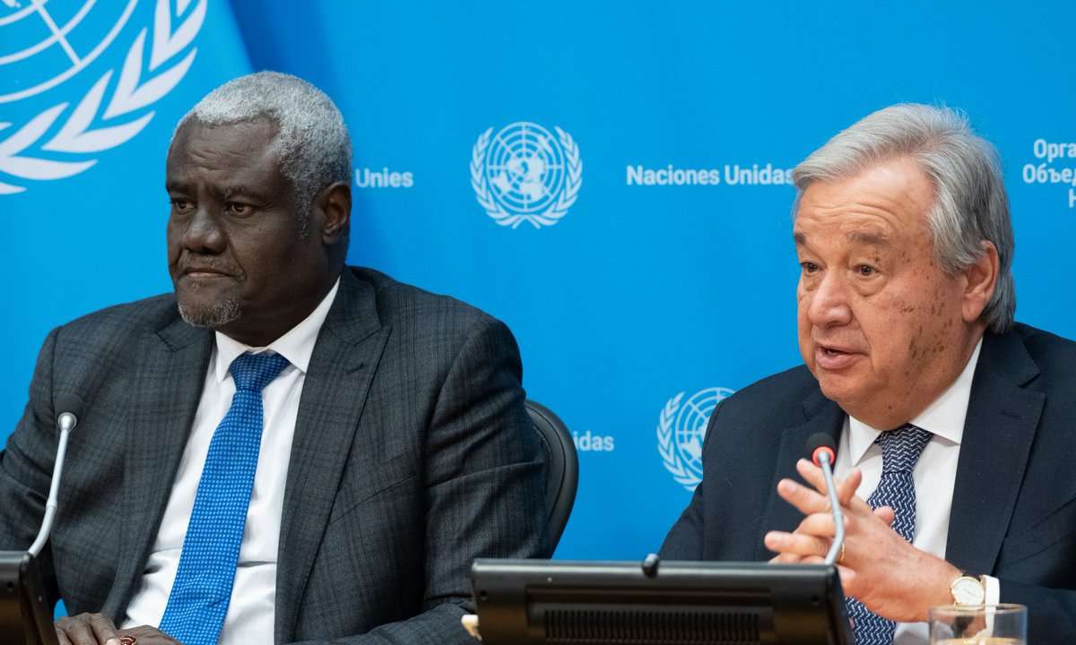 UN Secretary-General António Guterres and AU Commission Chairperson Moussa Faki Mahamat at the Joint Communiqué of the Seventh African Union-United Nations Annual Conference in New York
