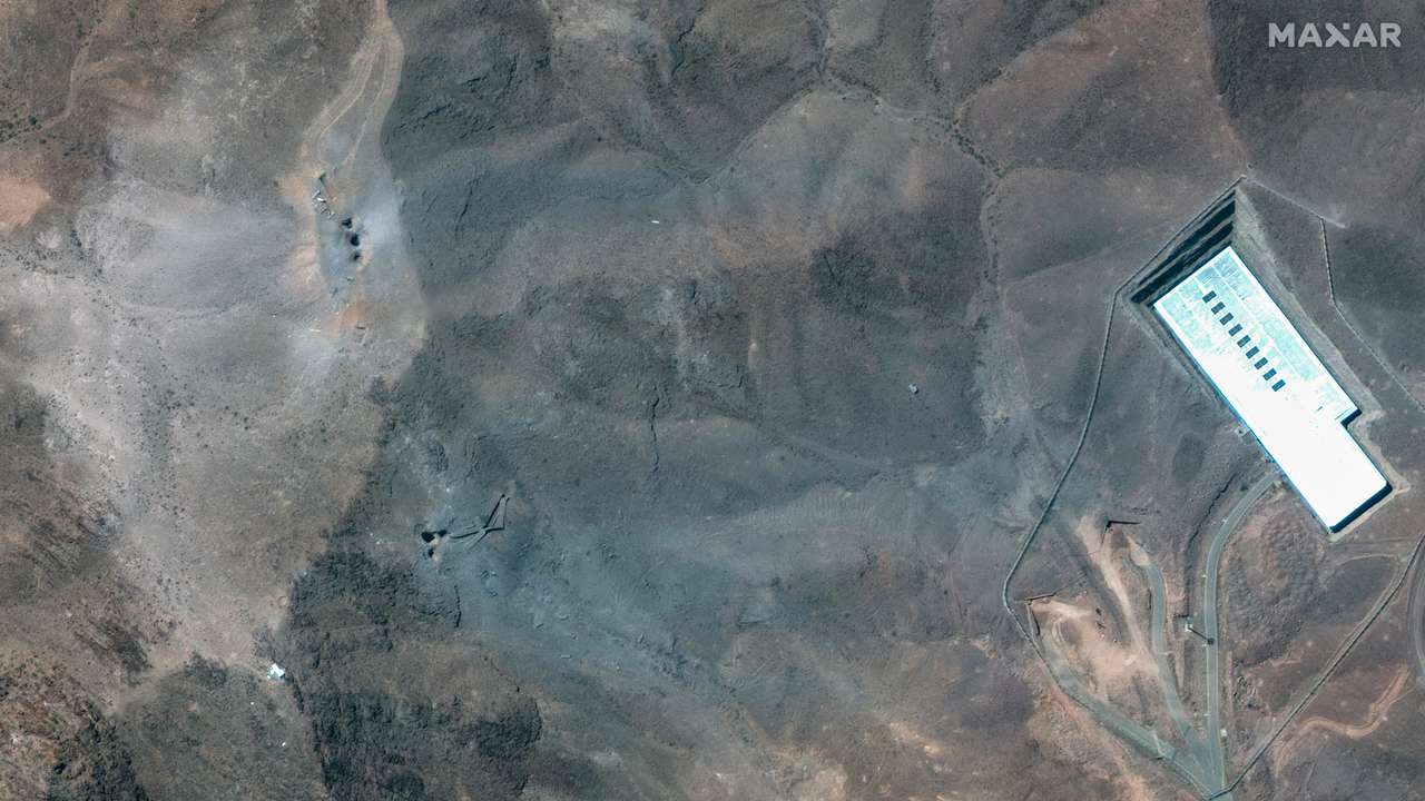 A closer satellite view shows the ridge at Fordow underground complex, after the U.S. struck the underground nuclear facility, near Qom