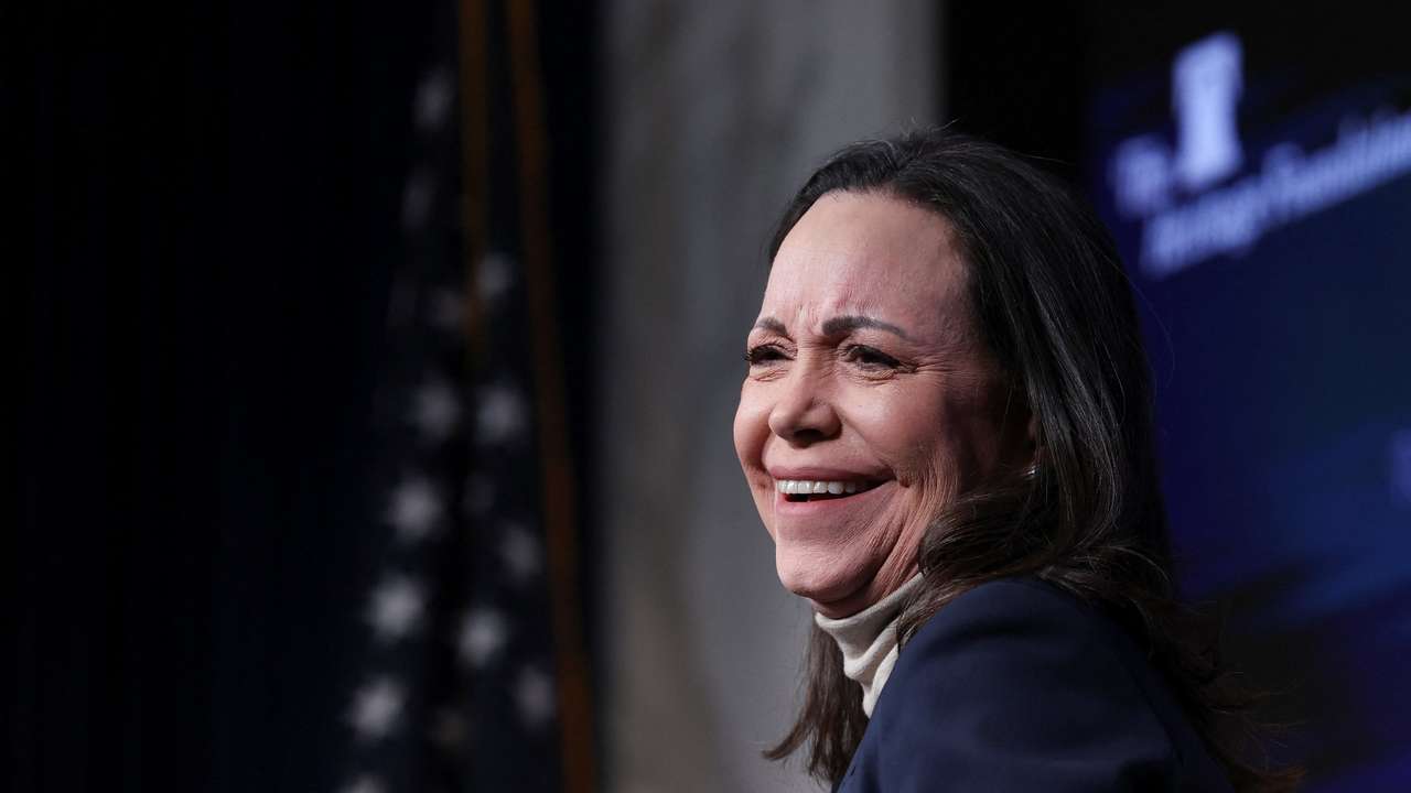 Venezuelan opposition leader Maria Corina Machado attends a press conference in Washington