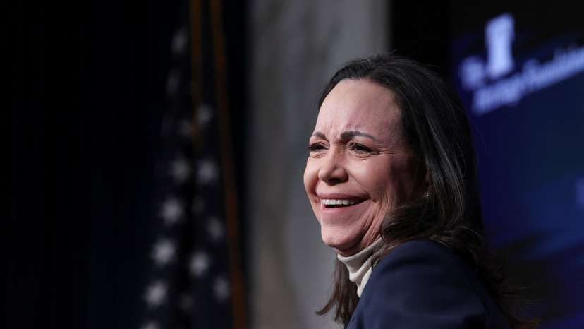 Venezuelan opposition leader Maria Corina Machado attends a press conference in Washington