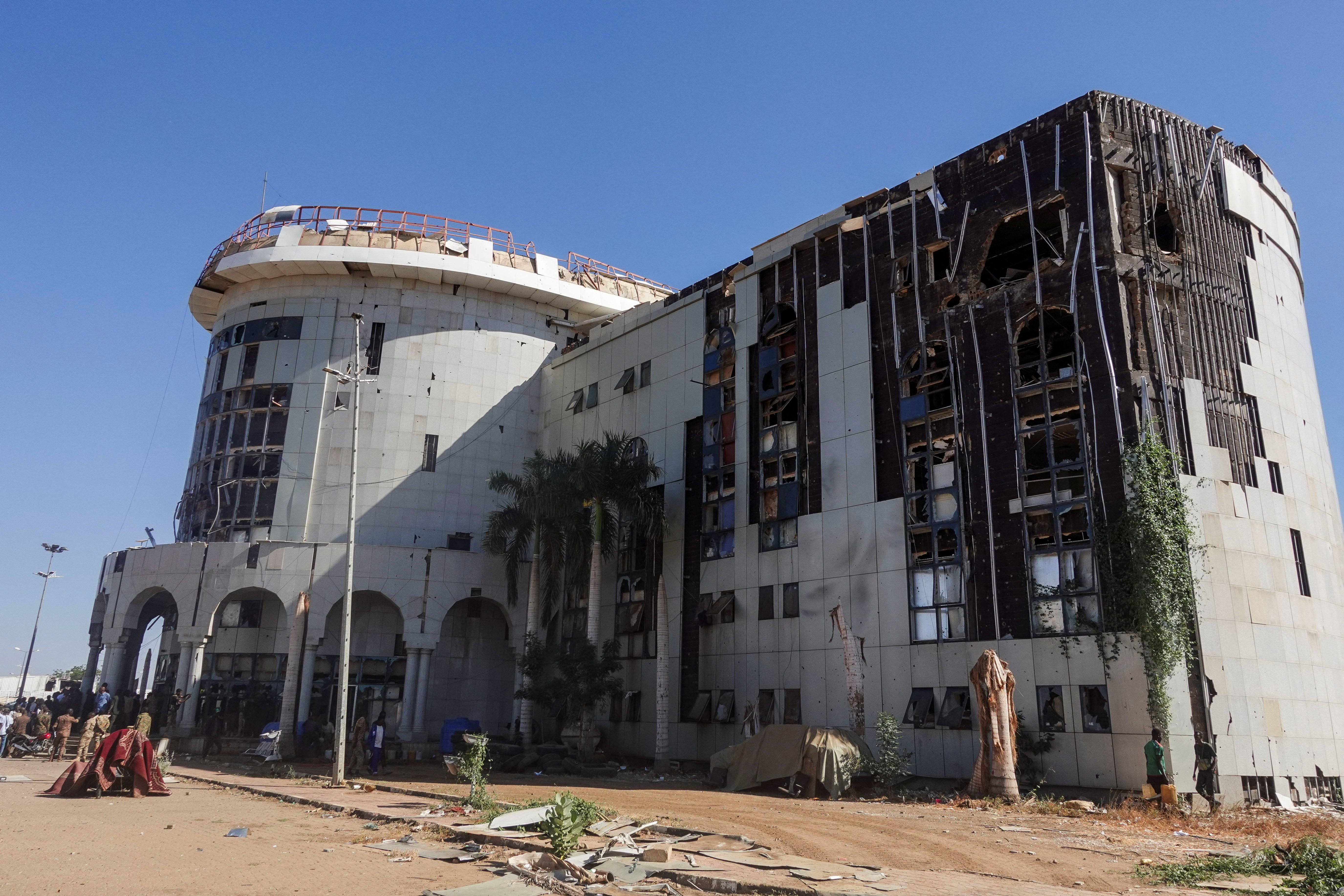The Sudanese Army General Command building bears traces of artillery shelling in Khartoum