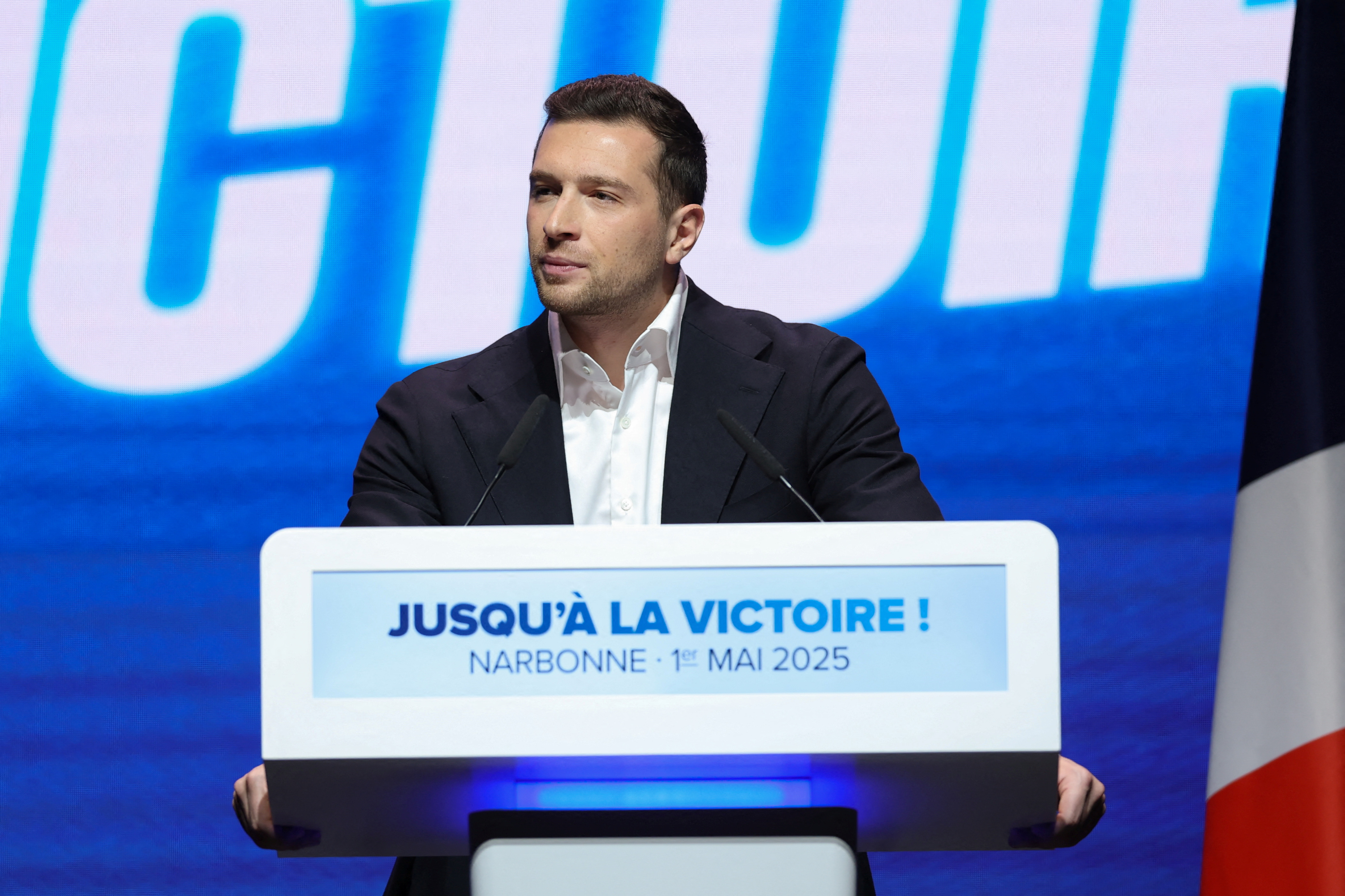 Rassemblement National rally of Le Pen and Bardella in Narbonne for May Day