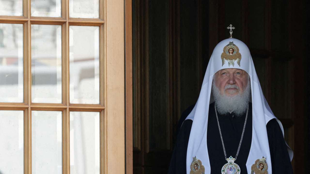 FILE PHOTO: Patriarch Kirill of Moscow and all Russia looks on in the Trinity Lavra of St. Sergius monastery in the town of Sergiyev Posad