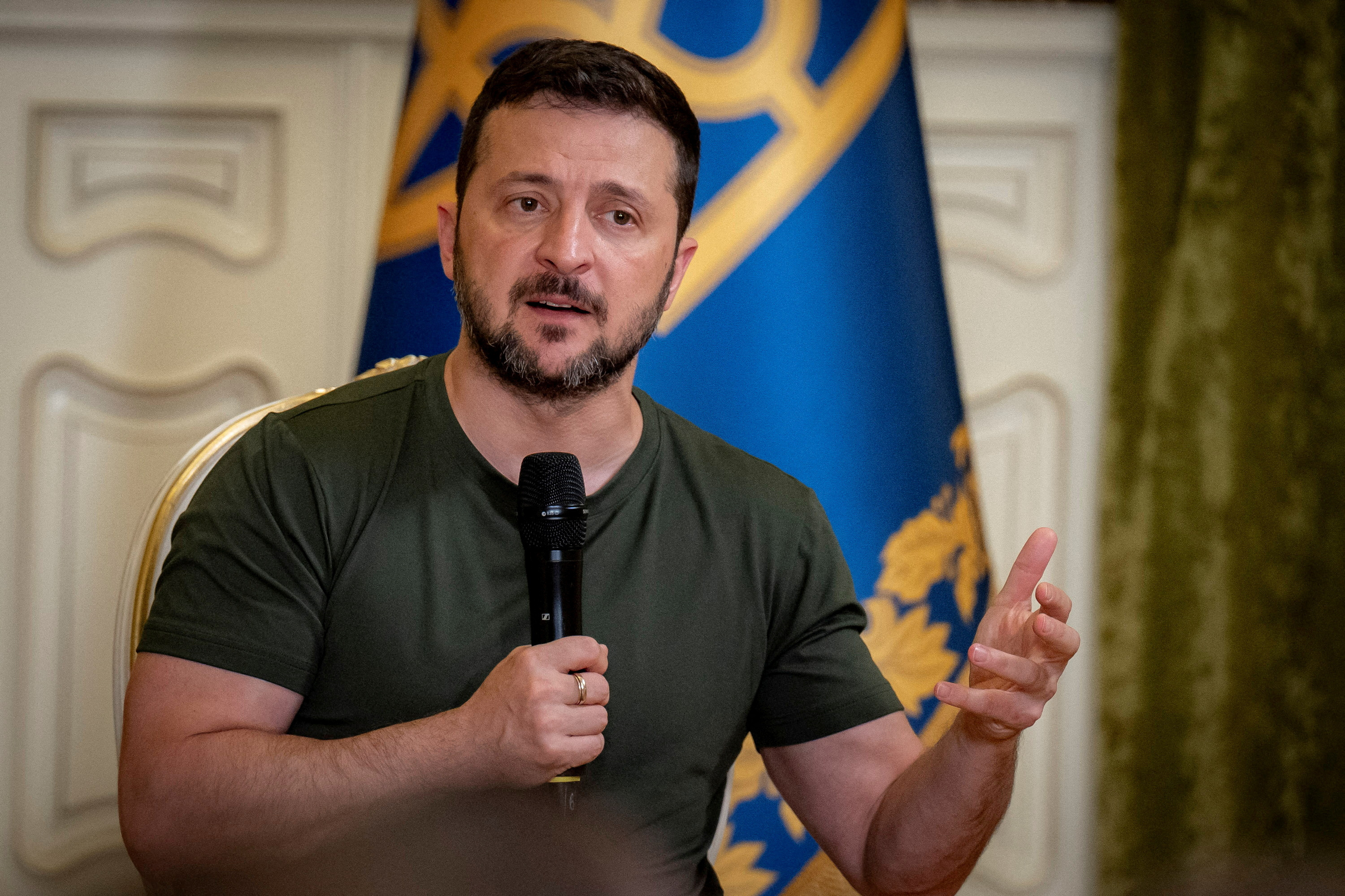 FILE PHOTO: Ukraine's President Zelenskiy speaks to the medina during a press conference in Kyiv